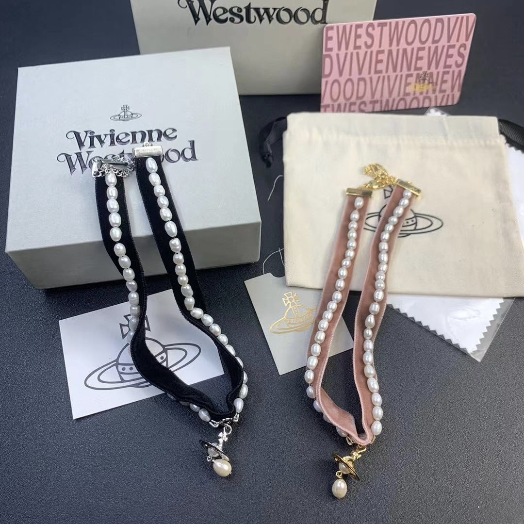 Vivienne Westwood Ribbon Saturn with Teardrop Pearl Pendant Necklace - Original Replica Club