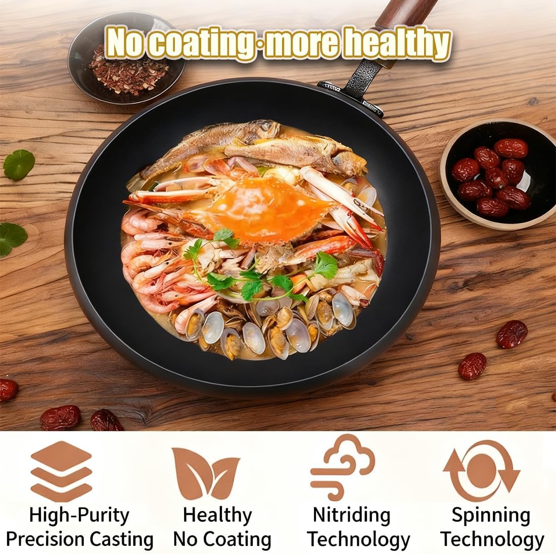 Carbon Steel Wok Pan, Japanese Jinswhdre Cast Iron Pan, Large Capacity Spill Hand-Forged Non-Stick Pans Without Coating for Gas Stove & Cooking (9.4in,With lid)