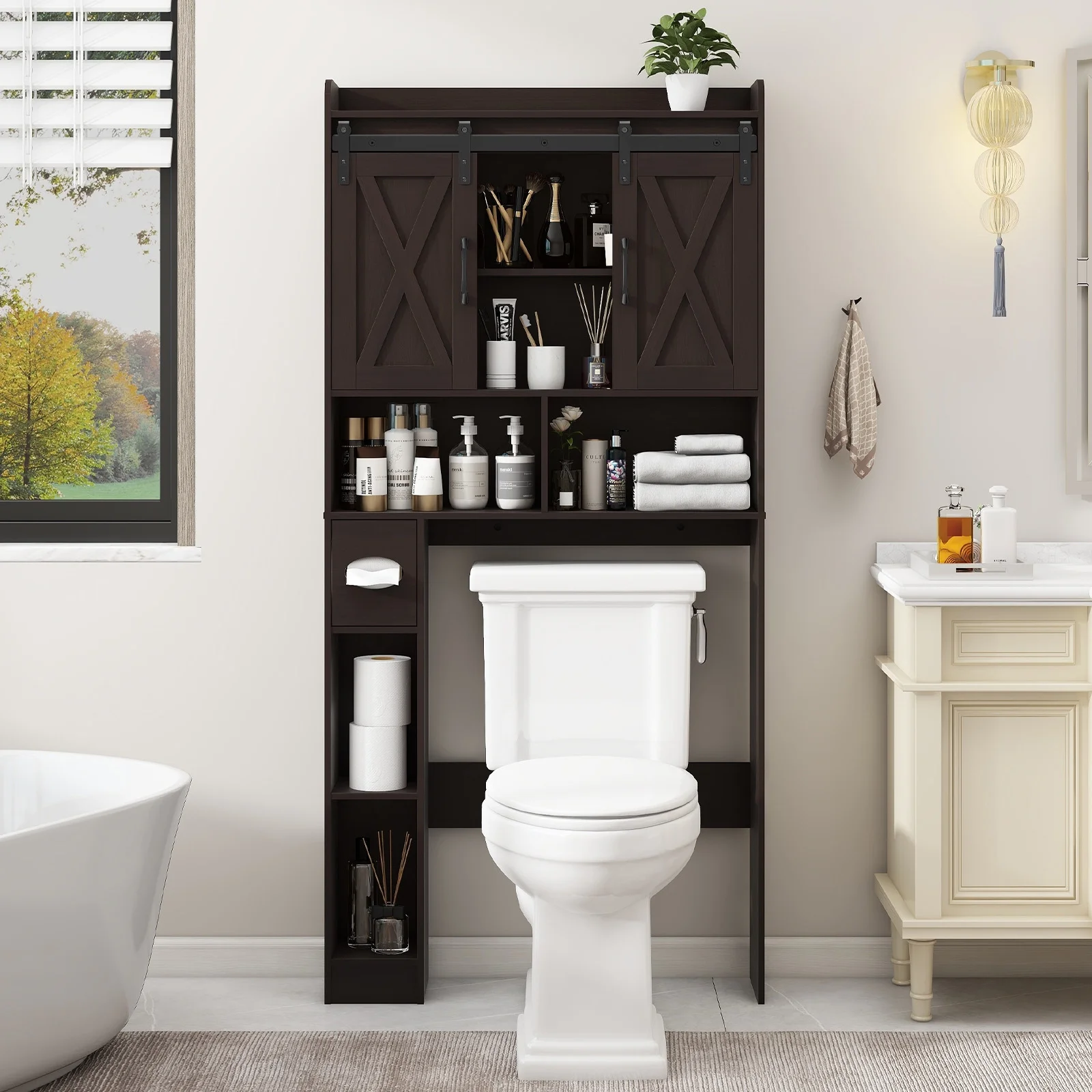 Over The Toilet Storage Cabinet, Farmhouse Storage Cabinet Over Toilet with Sliding Doors-Home Space-Saving Toilet Rack, for Bathroom, Restroom, Laundry - Image 17