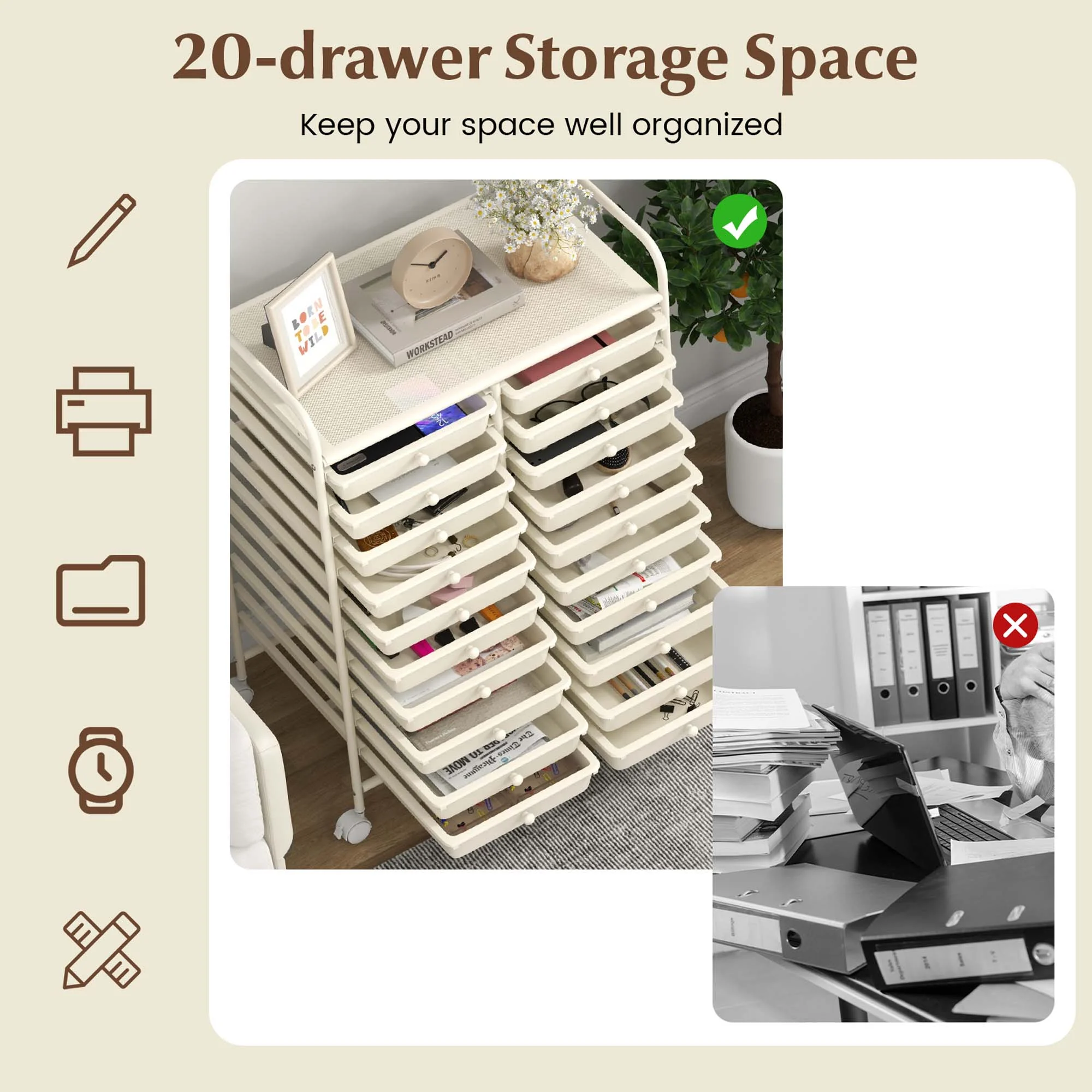 Costway 20 Drawer Rolling Storage Cart Tools Scrapbook Paper Office School Organizer Yellow - Image 79