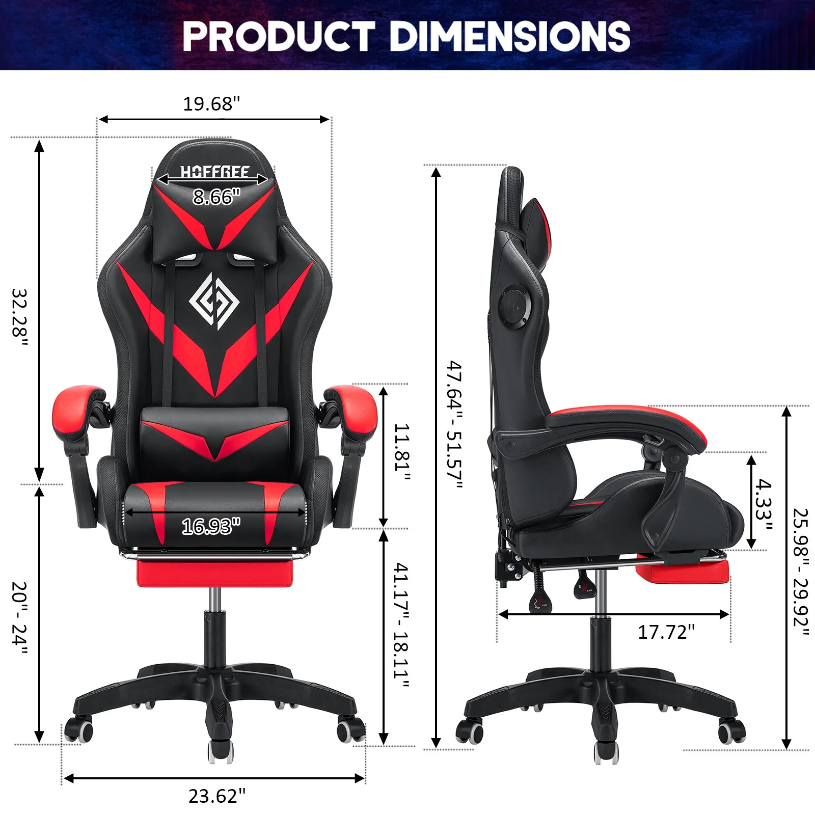 Hoffree Gaming Chair with Speakers PU Leather Office Chair with Footrest and LED Lights Ergonomic Gamer Chair with Massage Lumbar Support and Headrest Adjustable Swivel for Home Office 300lb - Image 59