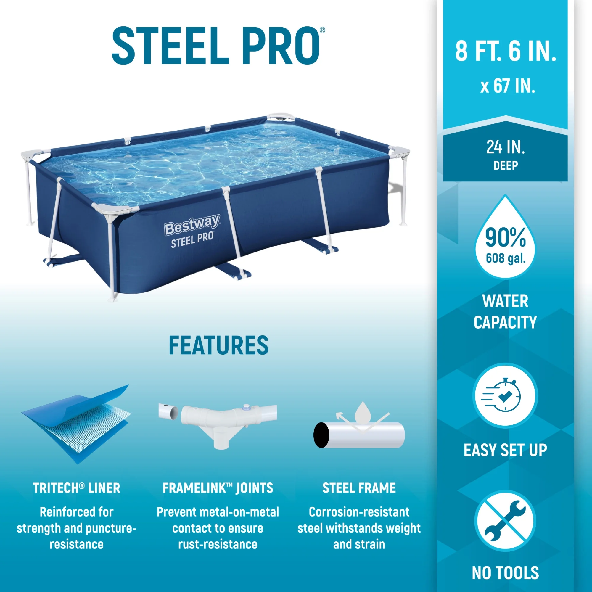 Open Box Bestway Steel Pro 8.5'x67"x24" Rectangular Above Ground Swimming Pool - Image 2