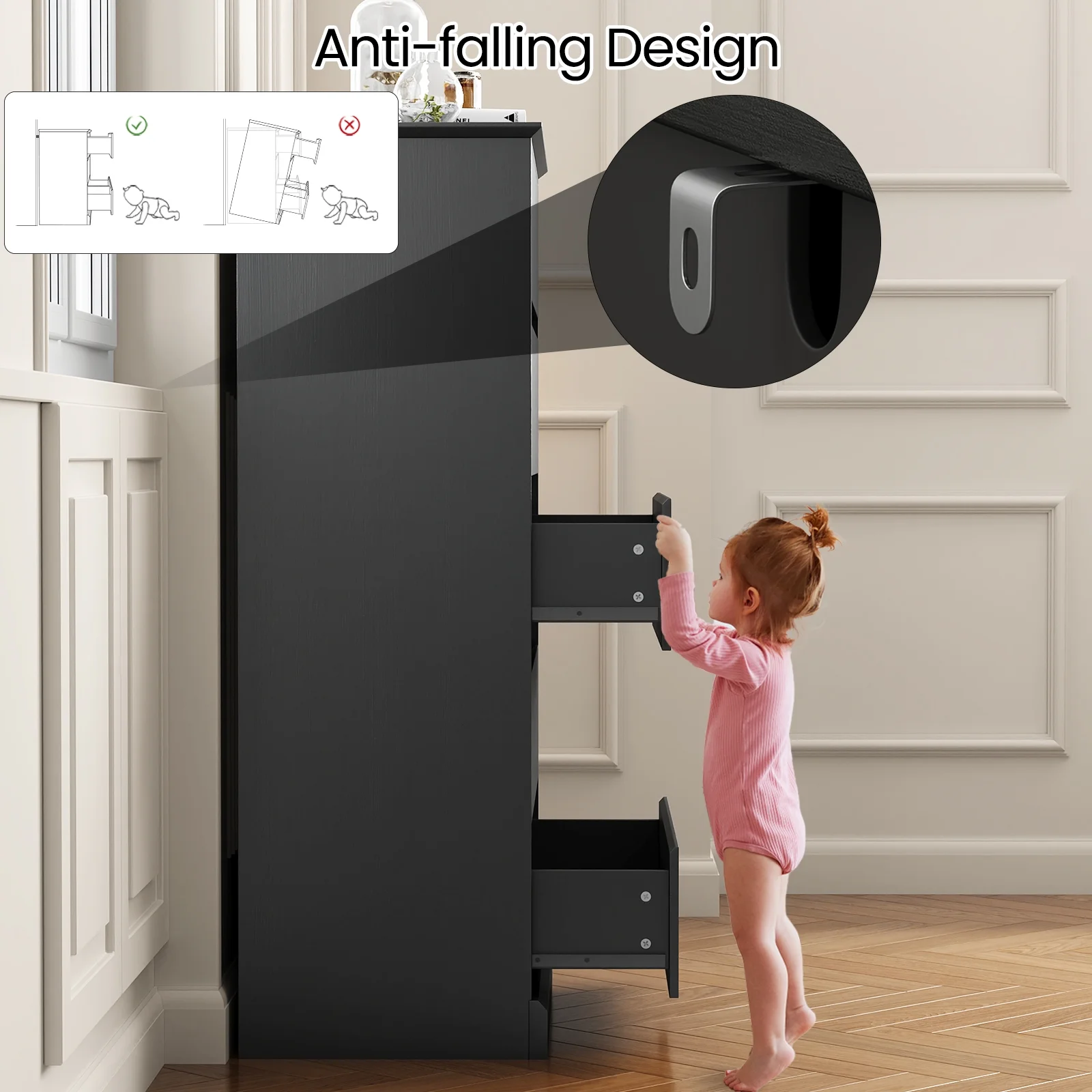 Black Dresser Bedroom Dresser, Tall Wood 5 Drawer Dresser & Chest of Drawers for Closet, Living Room Hallway Kids Bedroom - Image 2