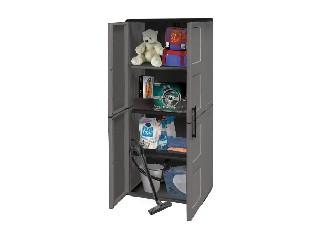 Armario de exterior Alkifurniturees Muebles de balcón Armario multiusos con estantes Made in Italy 68x37h163 cm Gris y Negro Acabado cuadros HXEI03677