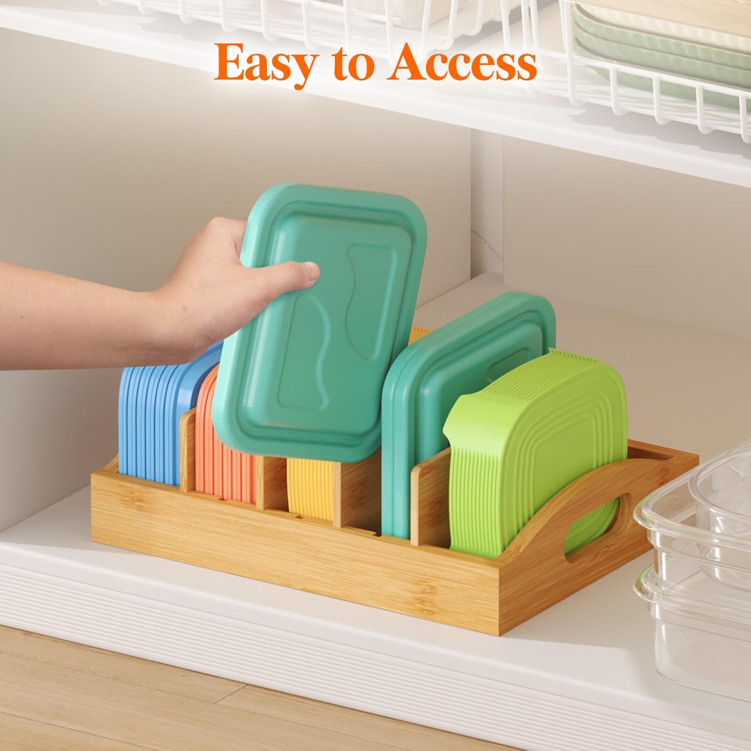 Lifewit Bamboo Lid Organizers for Inside Cabinet, Food Storage Container Lid Holder with 4 adjustable Inserts & 5 Sections, Kitchen Pantry organizer and storage, 10.6
