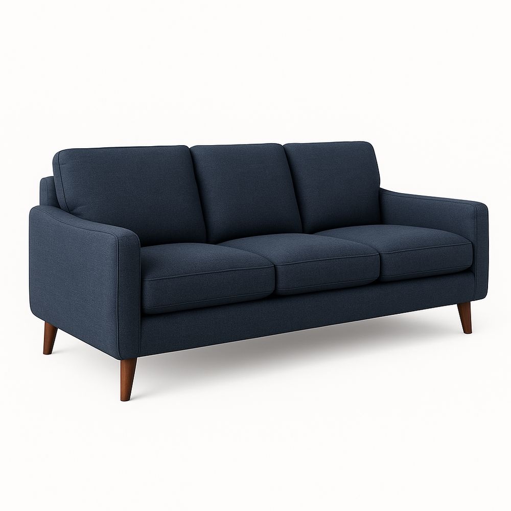 Sofá de 3 plazas tapizado en poliéster azul marino con patas de madera maciza y cojines desmontables 210x85x90cm