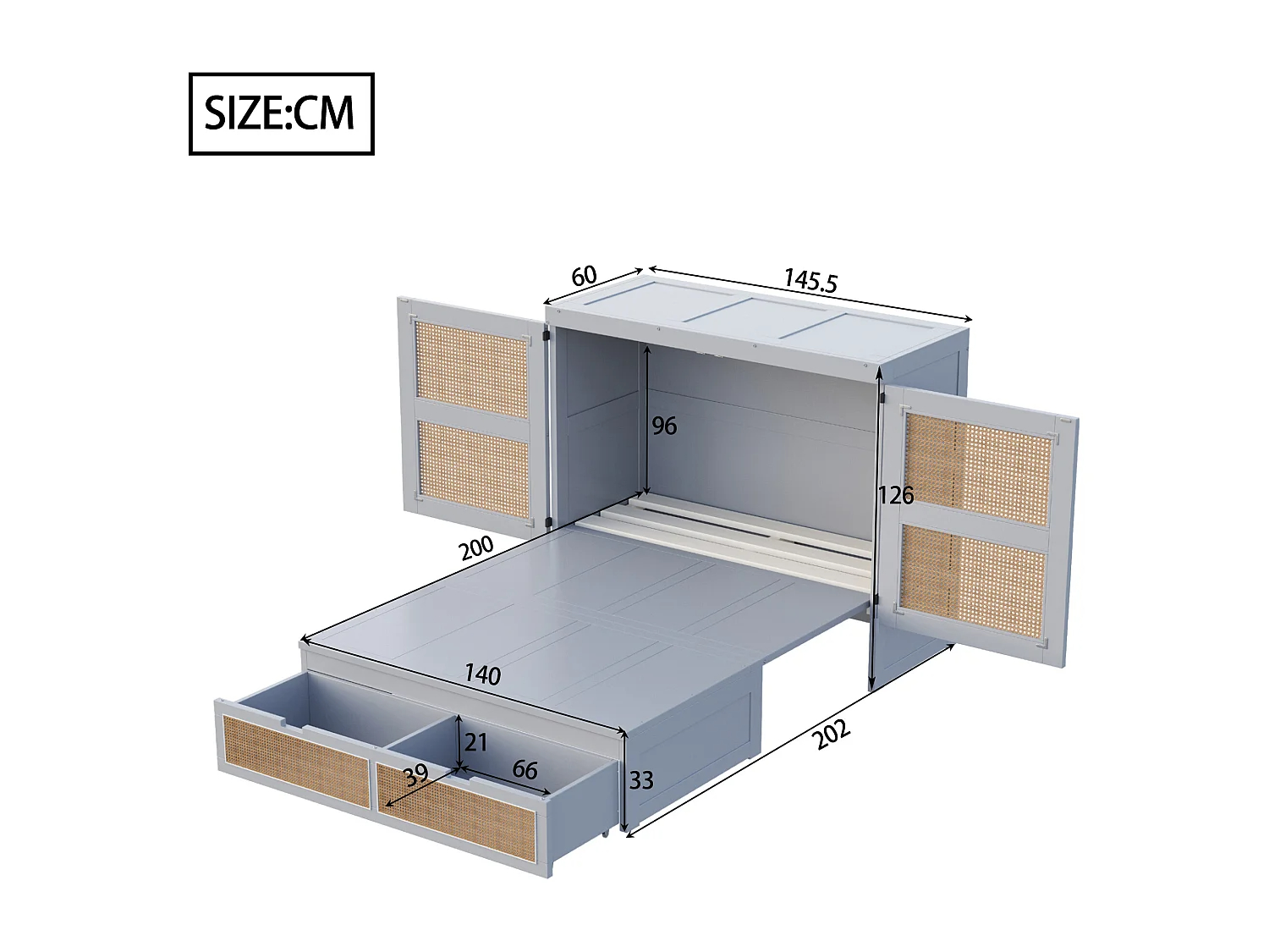Cama plegable juvenil - 140 x 200 cm - Cama abatible de pared con cajones - Pino + contrachapado + MDF - Gris