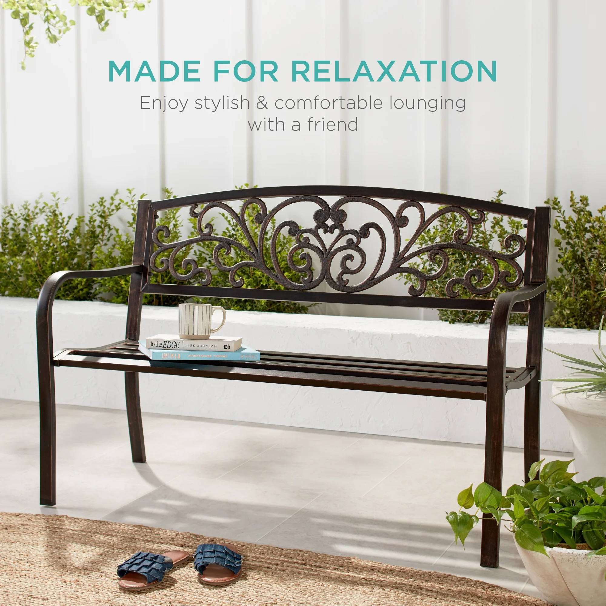 Best Choice Products Outdoor Steel Bench Garden Patio Porch Furniture w/ Floral Design Backrest - Black - Image 10