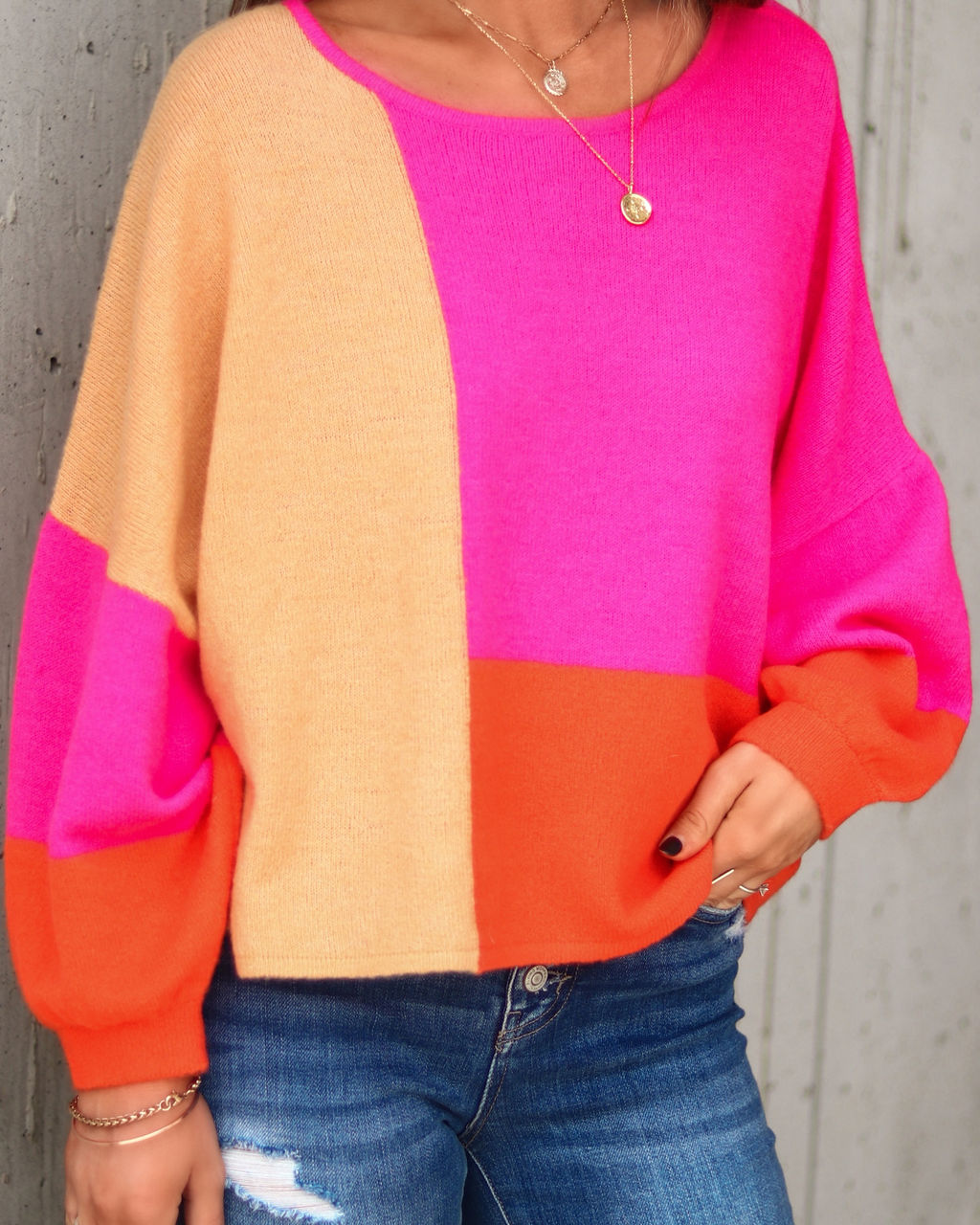 Work Of Art Colorblock Pullover Sweater - Fuchsia - Se7enfashion