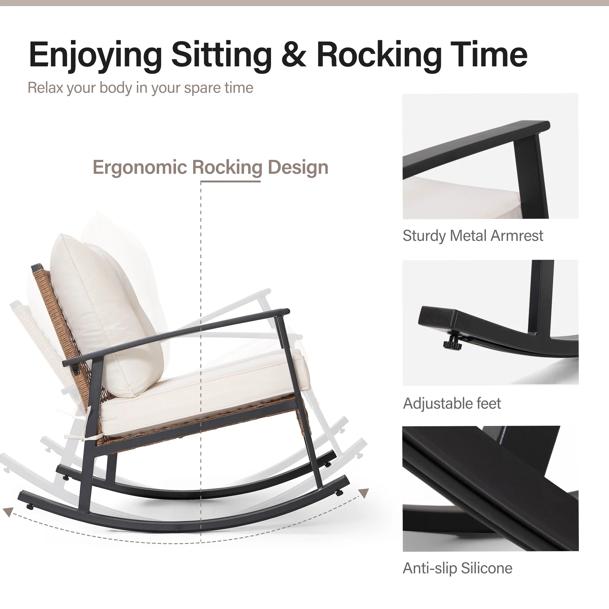 LAUSAINT HOME Outdoor Rocking Chair, Patio PE Rattan Chair with Beige Cushions - Image 5
