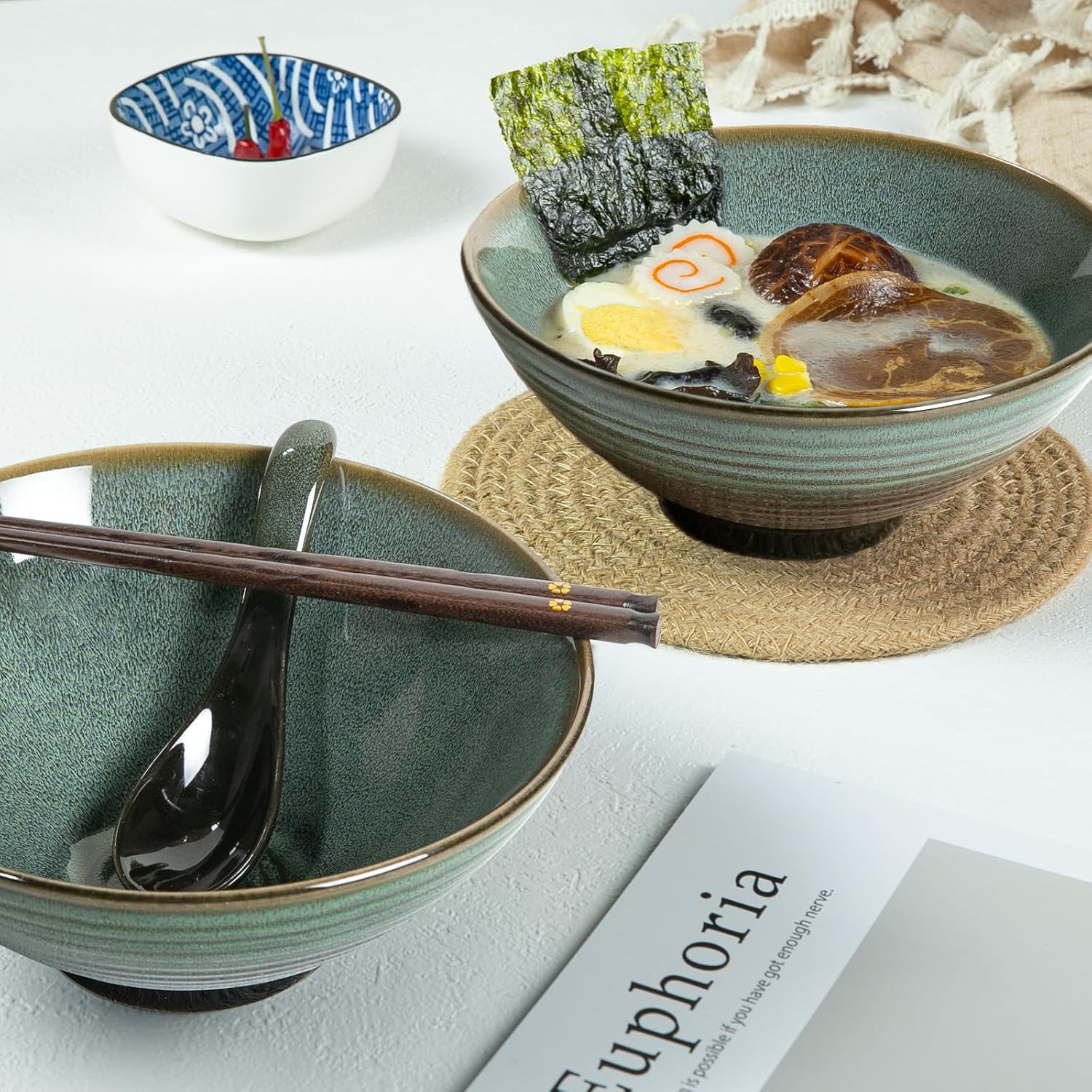 40 oz Ceramic Ramen Bowl Set of 2, Ramen Noodle Bowl with Spoons and Chopsticks 8 Inch Japanese Retro Style Large Soup, Pho, Udon Bowls, Microwave & Dishwasher Safe, Green