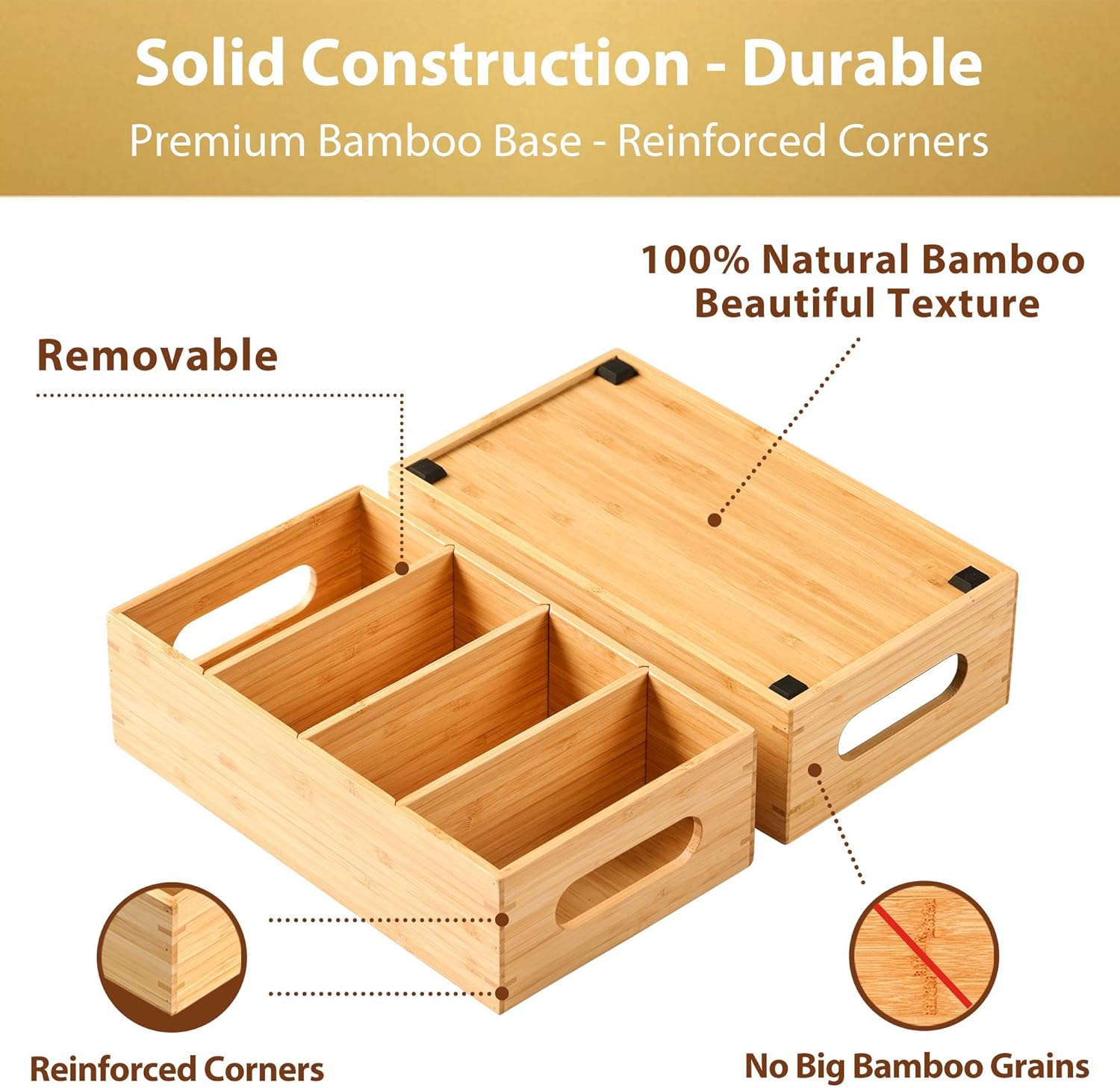 Umilife Bamboo Pantry Organizers and Storage Bins with Removable Dividers, Kitchen Drawer Cabinet Countertop Organization for Snack, Spice Packets, Teabags, Seasoning Pouches (2 Pack)