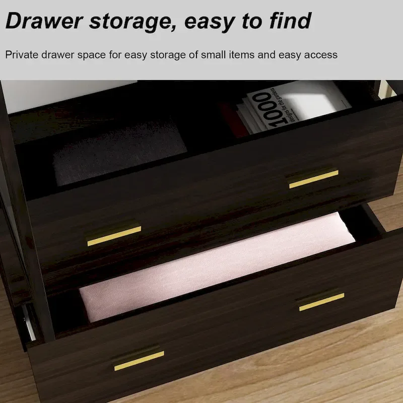 Modern Wardrobe Armoire with Mirror Door Hanging Rod and Drawers