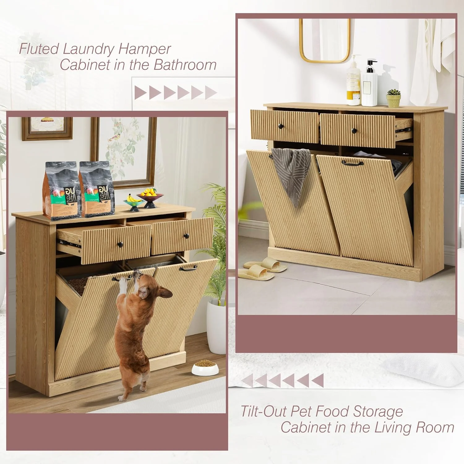 Haverchair Double Tilt Out Laundry Hamper Cabinet, Modern Fluted Trash Can Cabinets with Drawer, Wooden Hidden Garbage Cabinet for Kitchen and Bathroom - Image 6