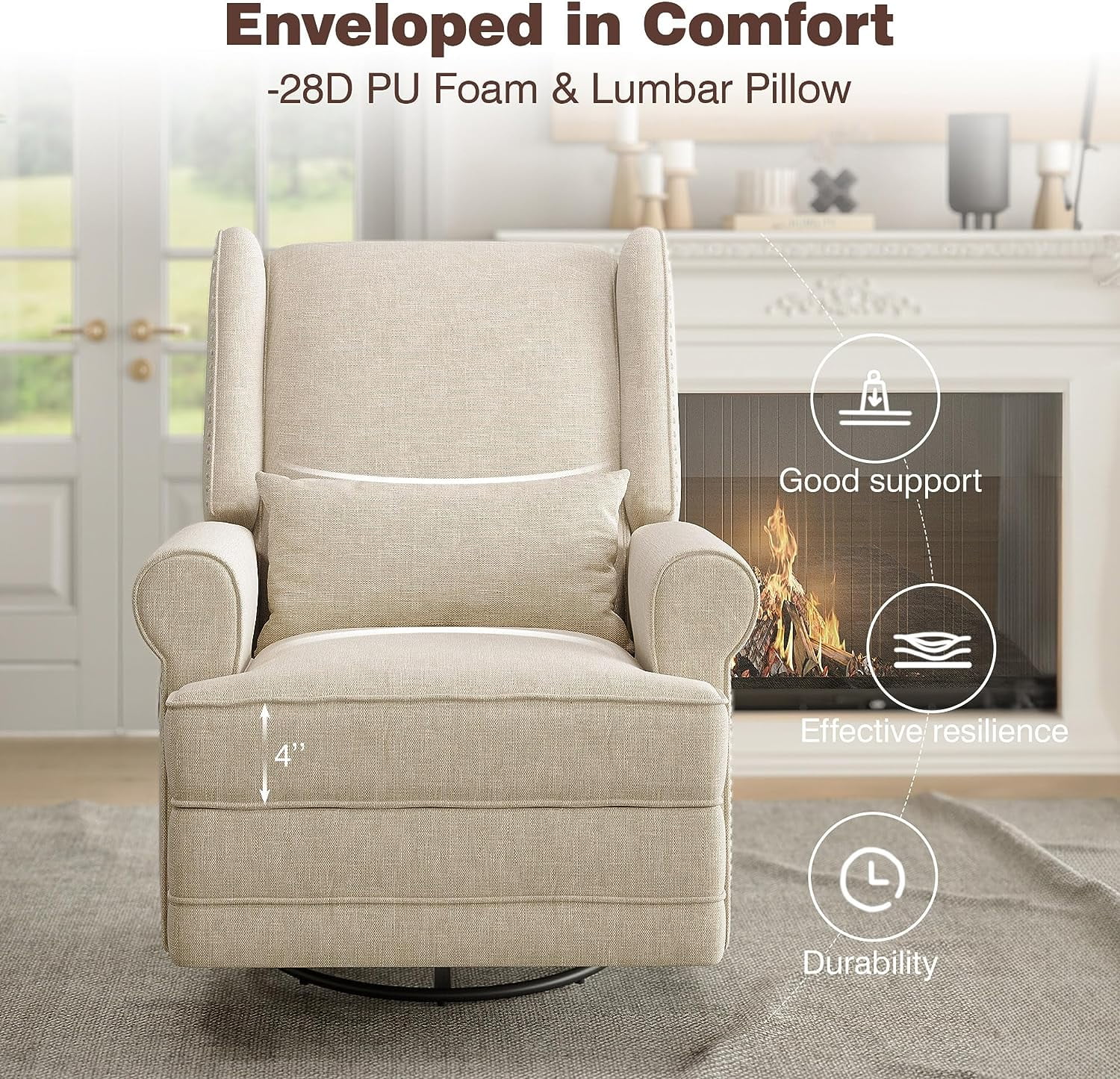Royalcraft Swivel Nursery Glider Recliner, Comfy Upholstered Glider Chair with Lumbar Pillow and Footrest, Beige - Image 14