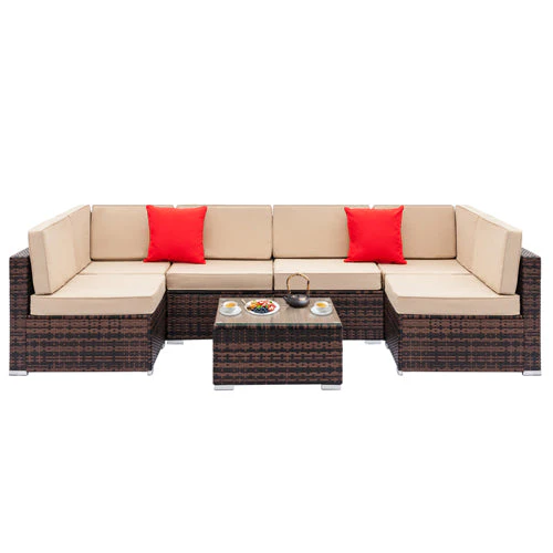 Wicker Patio Sofa Sets, 7 Pieces Outdoor Seating Sets, Lounge Sofa and Tempered Glass Coffee Table, Deck Front Garden Furniture Set, Brown Rattan + Beige Cushion - Image 2