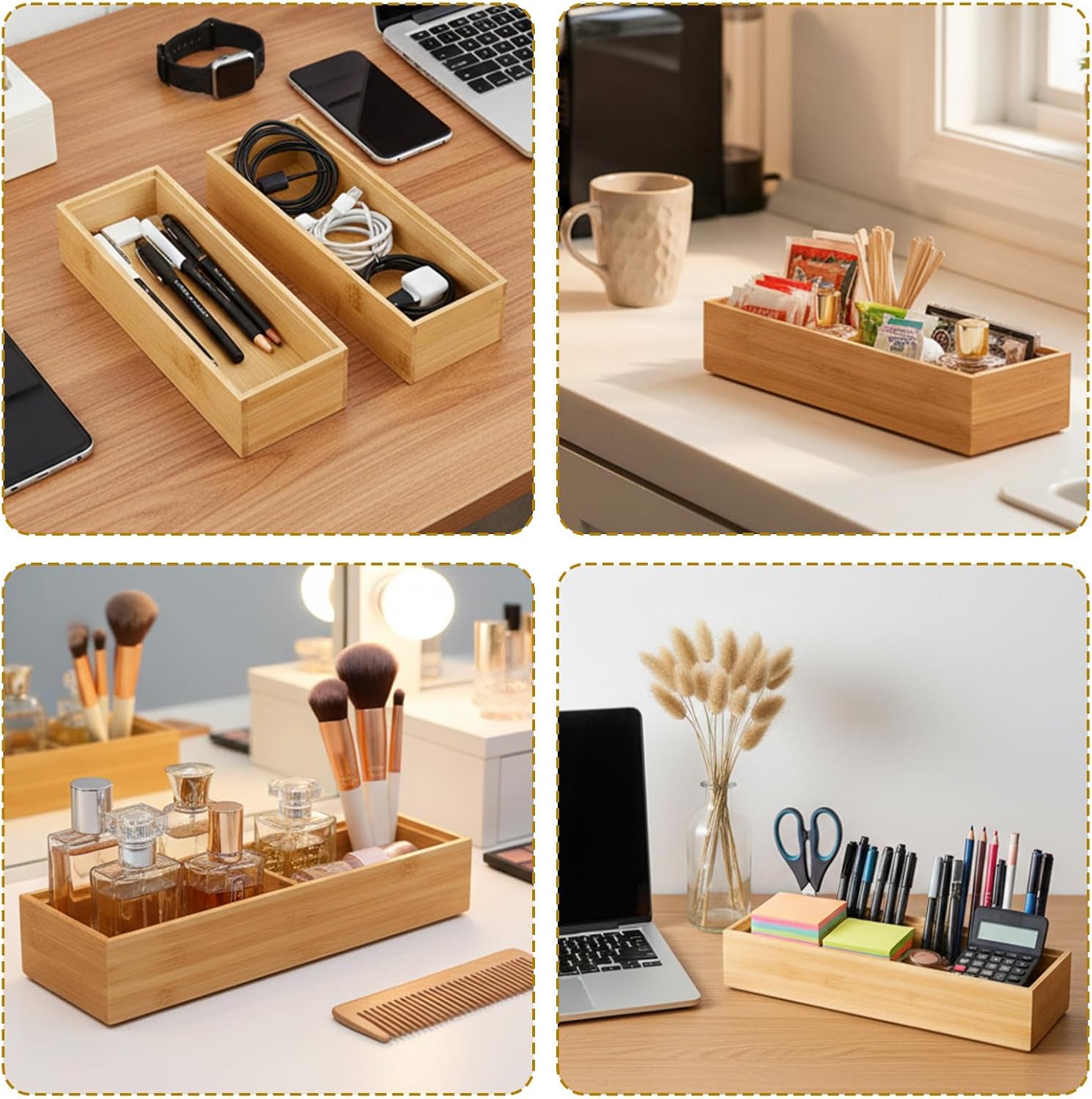 6 Pieces Bamboo Drawer Organizer, Stackable Wooden Storage Boxes for Kitchen Utensils, Silverware Tray, Junk Drawer, Dresser, Bathroom, 9 x 3 x 2 Inch