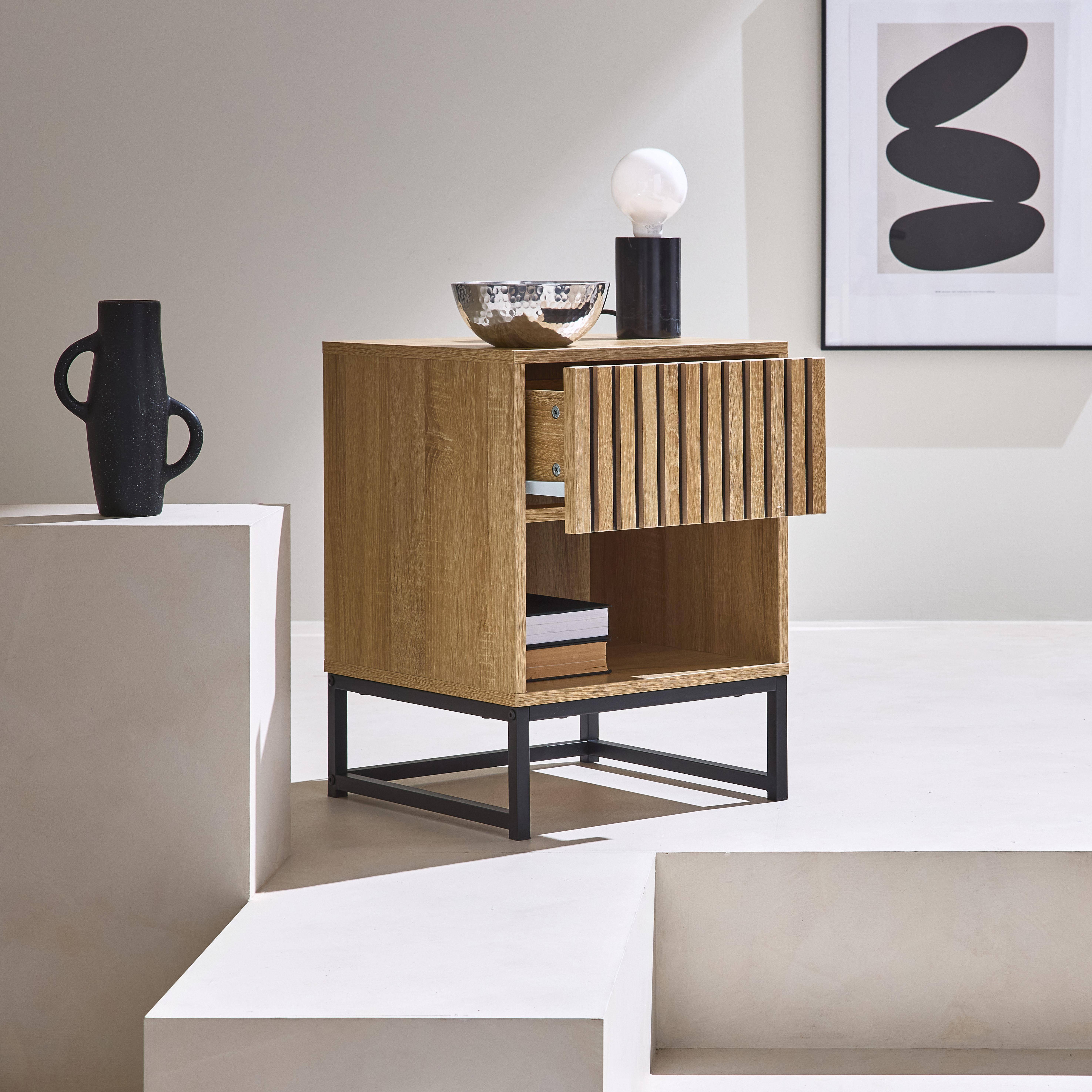 Lisbonne - Mesita de noche contemporánea efecto madera estriada con 1 cajón