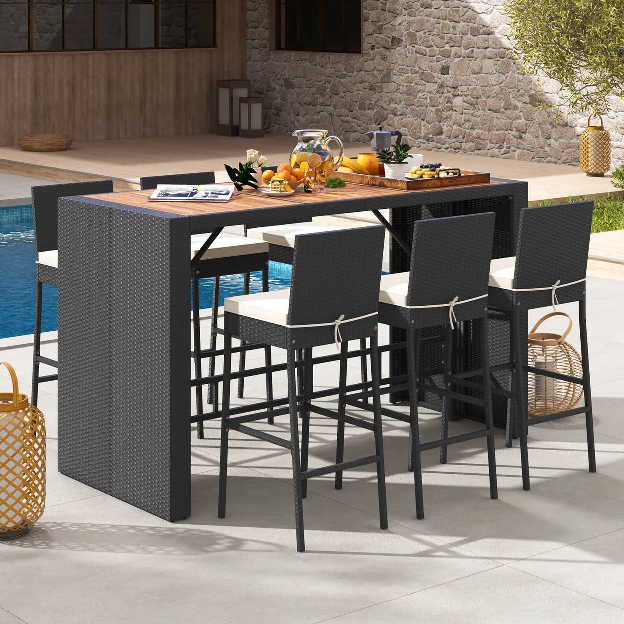 Costway 7 Pieces Patio Bar Set with Acacia Wood Tabletop & Removable Cushions Outdoor