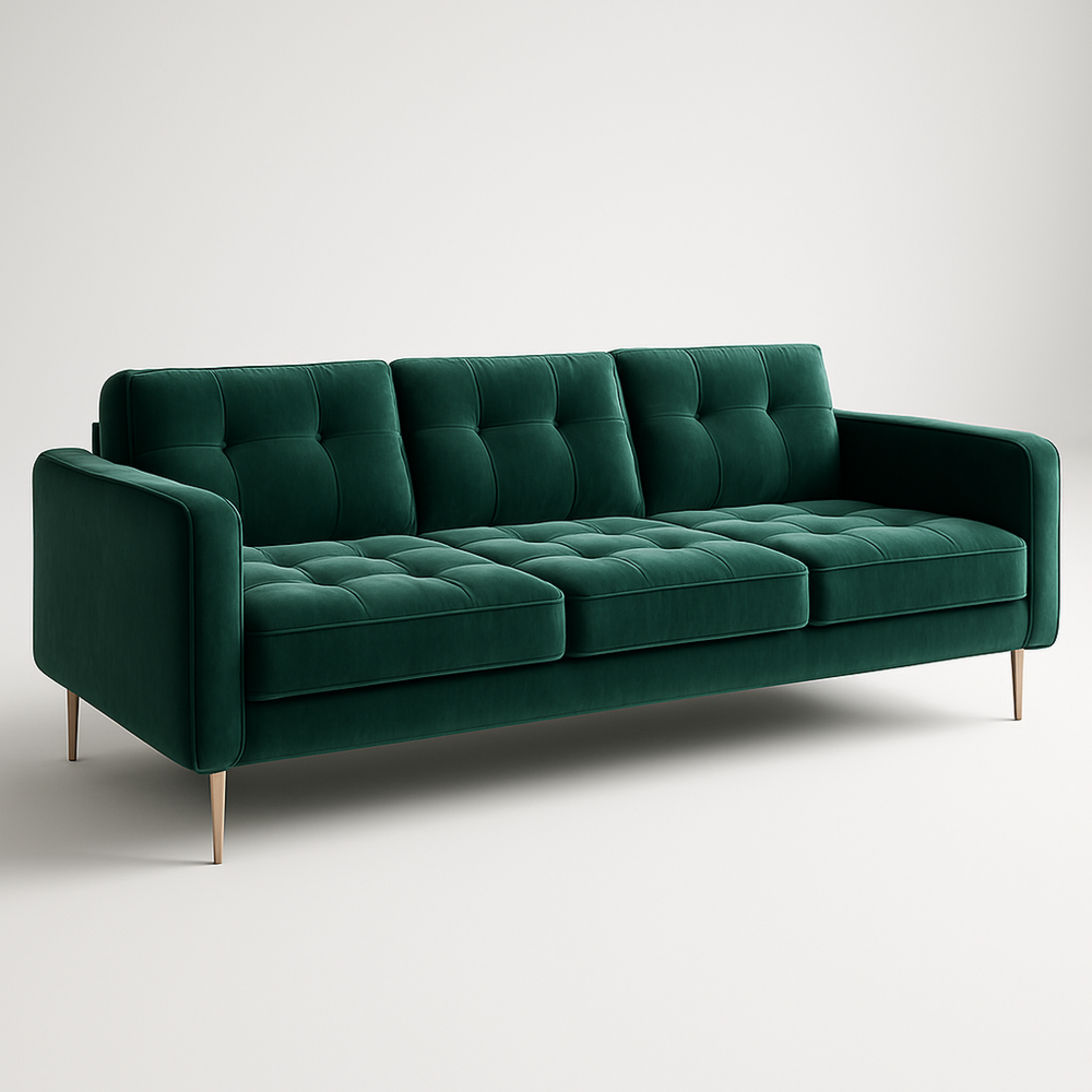 Sofá Moderno para Sala de Estar con Tapizado de Terciopelo Verde 220cm Estructura de Madera