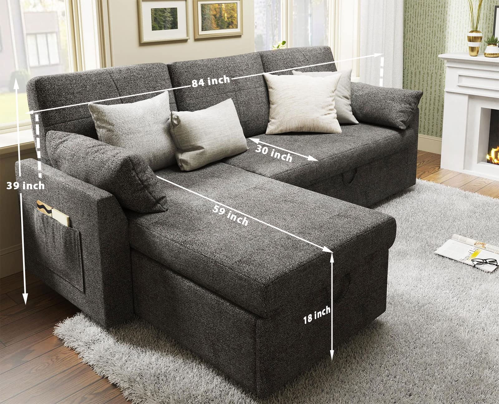 VANACC Sofa Bed, Adult Sleeper Sofa with Storage Chaise, Pull Out Couch for Bed Room, Gray Chenille - Image 15