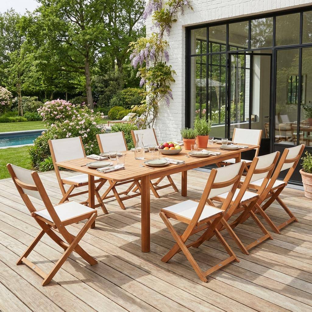 Arbo + Almeria - Conjunto mesa de jardín extensible de madera de eucalipto con 8 sillas