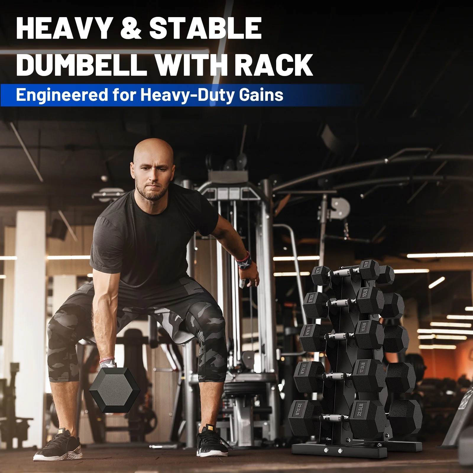 150 lb Dumbbell Set with Rack, Rubber Encased Hex Free Weights for Home Gym Strength Training - Image 4