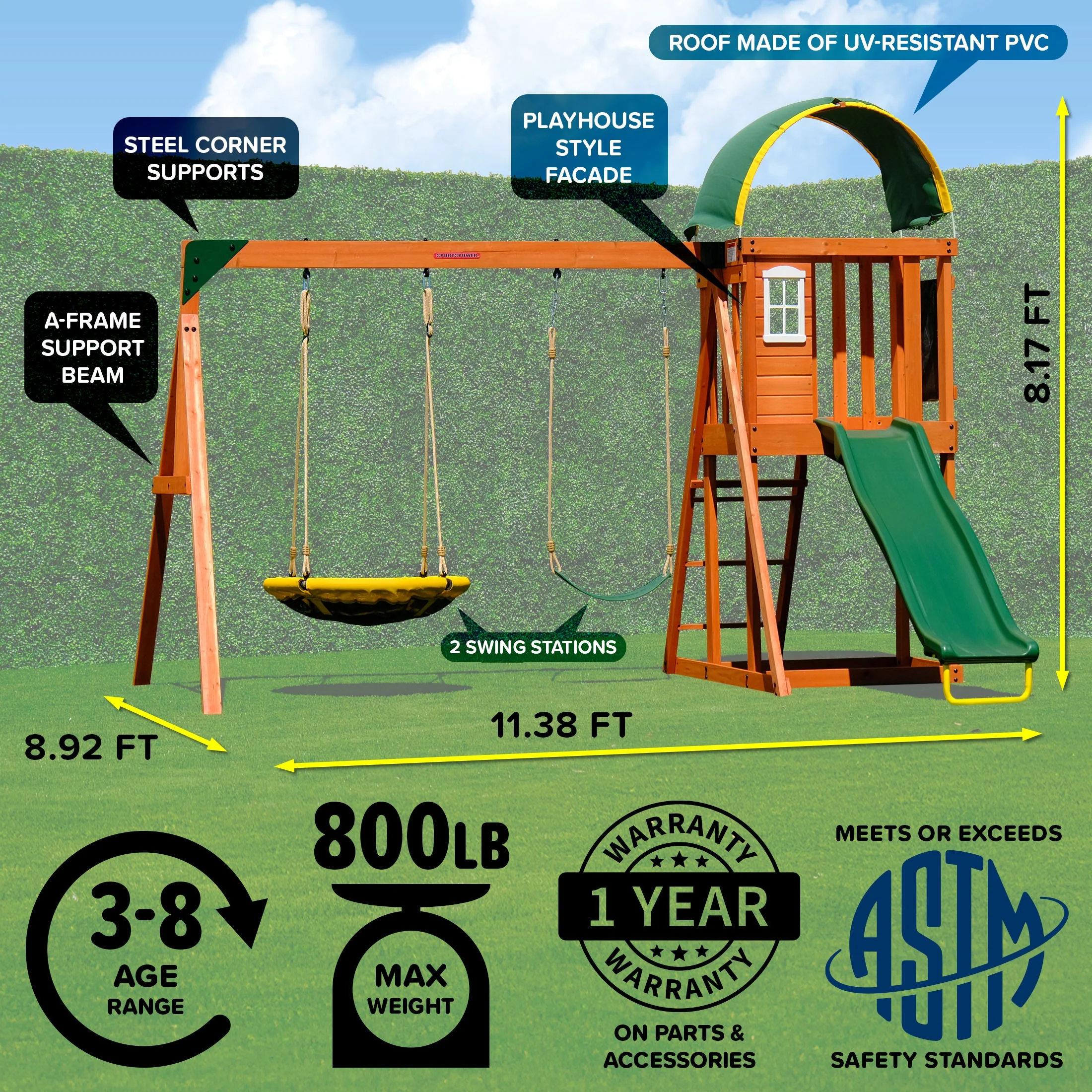 Sportspower Amelia Wooden Swing Set with 2-Person Saucer Swing, 6' Blow Molded Slide, Swing, Play Fort, Heavy Duty Double A-Frame, Lifetime Warranty on Slide - Image 8