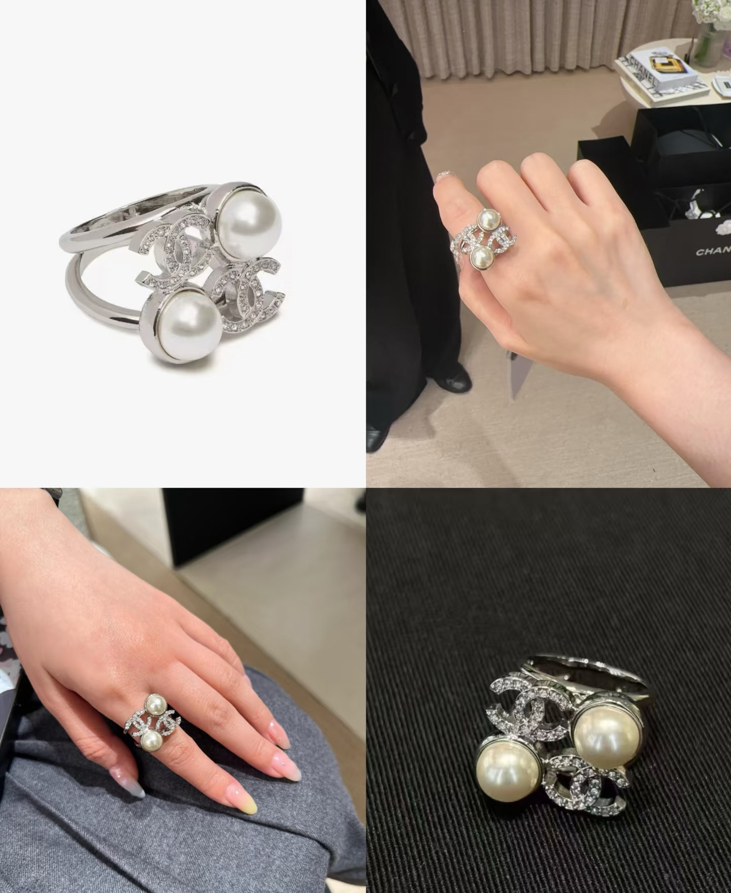 Chanel Two Pearls Coco Silver Ring - Original Replica Club