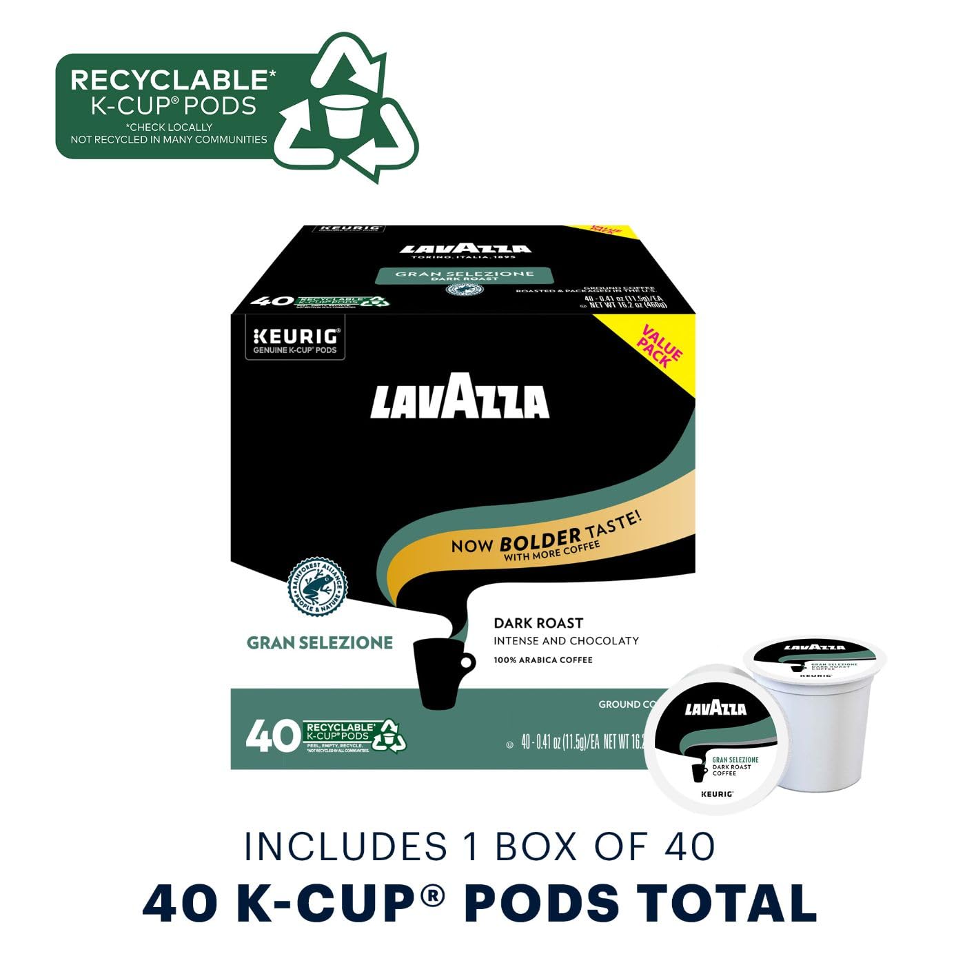 Lavazza Gran Selezione Single-Serve Coffee K-Cup® Pods for Keurig® Brewer - 40 Count. 100% Arabica. Rainforest Alliance Certified 100% sustainably grown. Value Pack