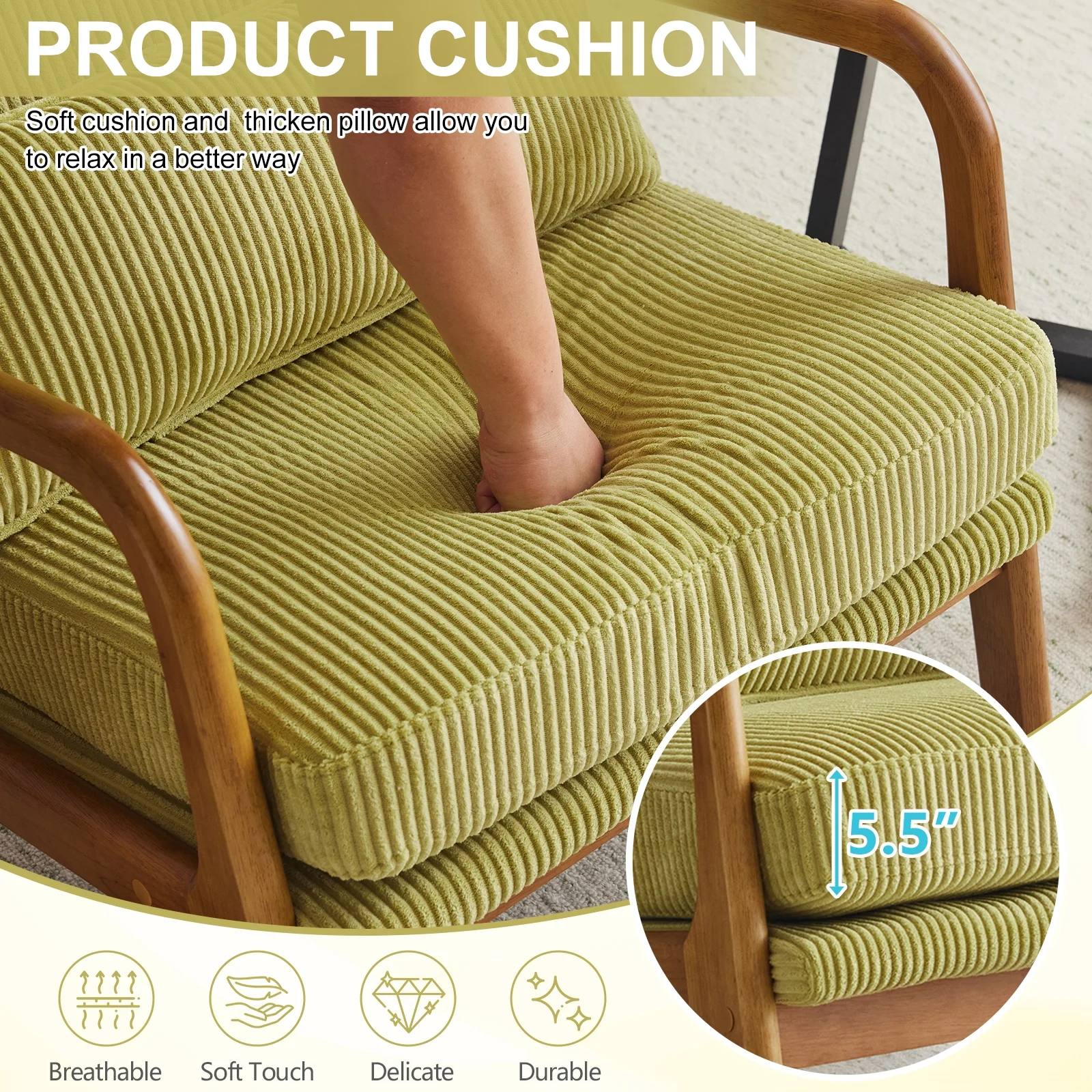 Ktaxon Accent Chair Corduroy Upholstered Armchair, Reading Club Chair with Pillow and Solid Wood Frame for Living Room Bedroom Furniture Off White - Image 126