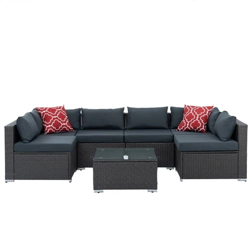 Wicker Patio Sofa Sets, 7 Pieces Outdoor Seating Sets, Lounge Sofa and Tempered Glass Coffee Table, Deck Front Garden Furniture Set, Brown Rattan + Beige Cushion