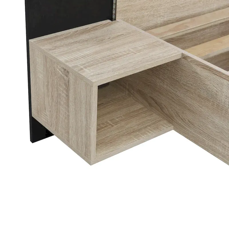 Modern King Size Wooden Floating Bed Frame with Nightstand and LED - Slatted Support Design