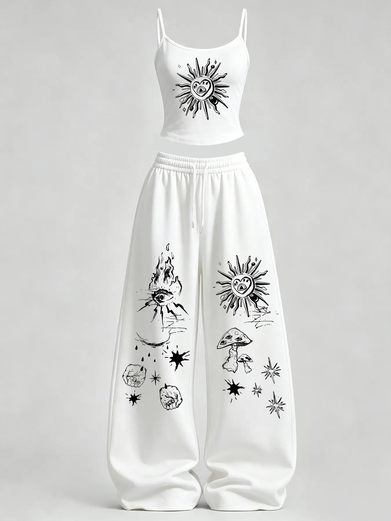 Women's Casual Home Wear Set, Sun Totem Print Slim Fit Tank Top + Loose Pants TeeThreads Sustain the Scene with Custom Apparel