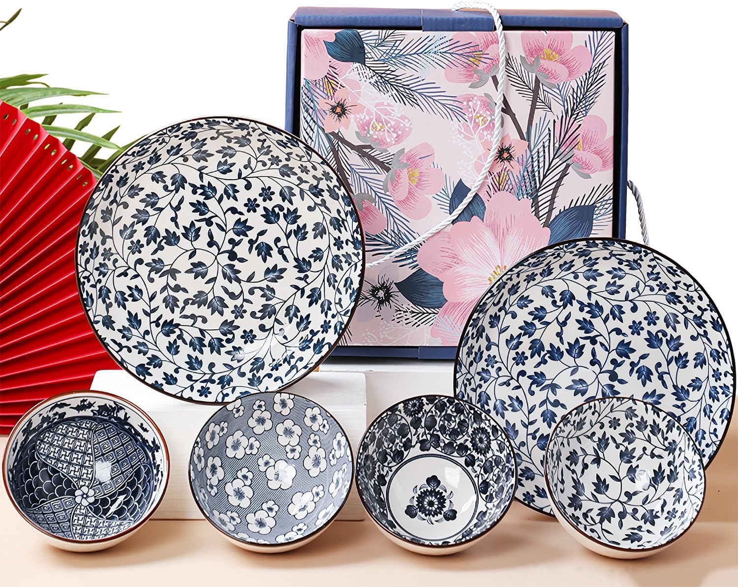 Ceramic Plates and Bowls Set, Japanese Style Dinnerware Set with Gift Box - Blue and White - 4 Rice Bowls and 2 Pasta Bowls - Kitchen Gifts for Women (Blue and White)
