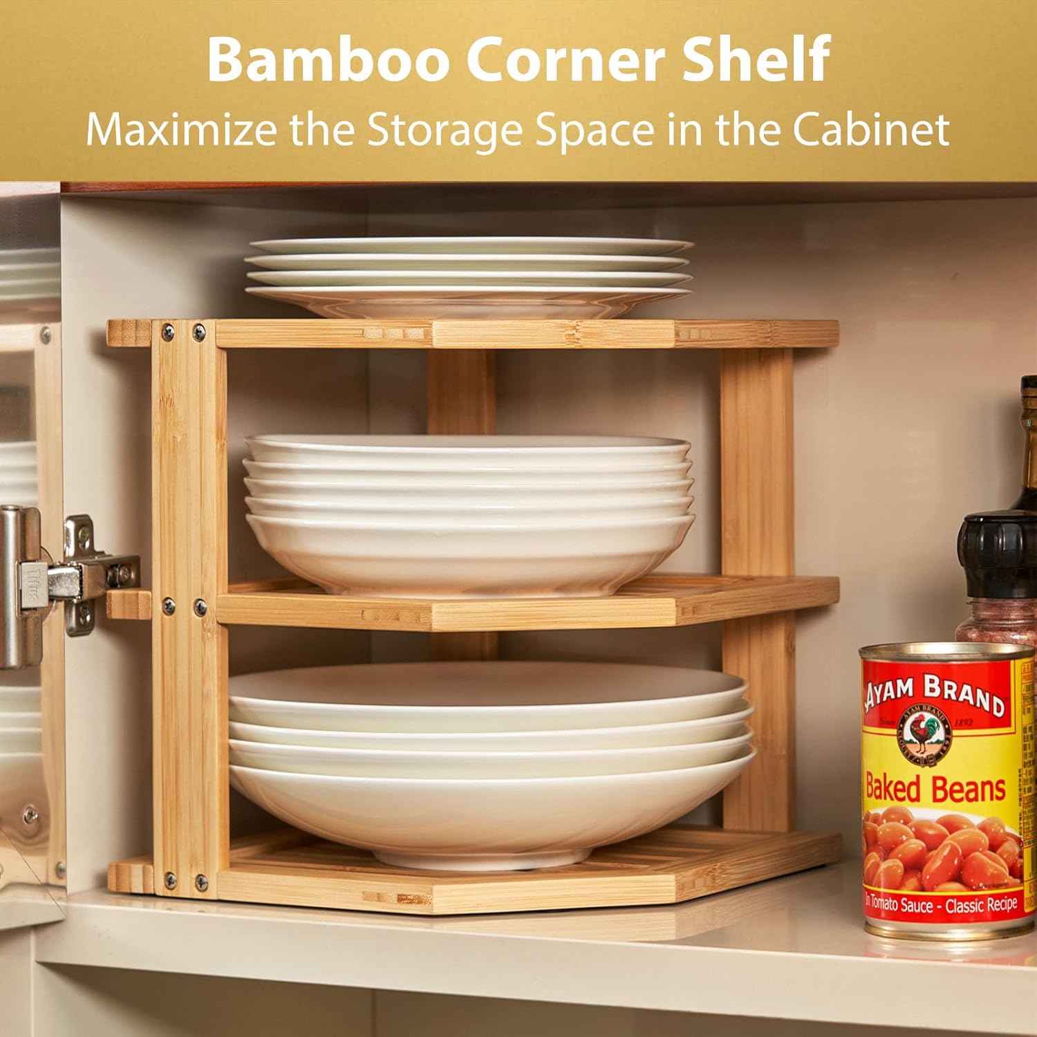 Umilife Plate Organizer for Cabinet, Bamboo Corner Shelf, Dish & Bread Organizer, Spice Rack, Kitchen Bathroom Countertop Storage Organization Space Saver