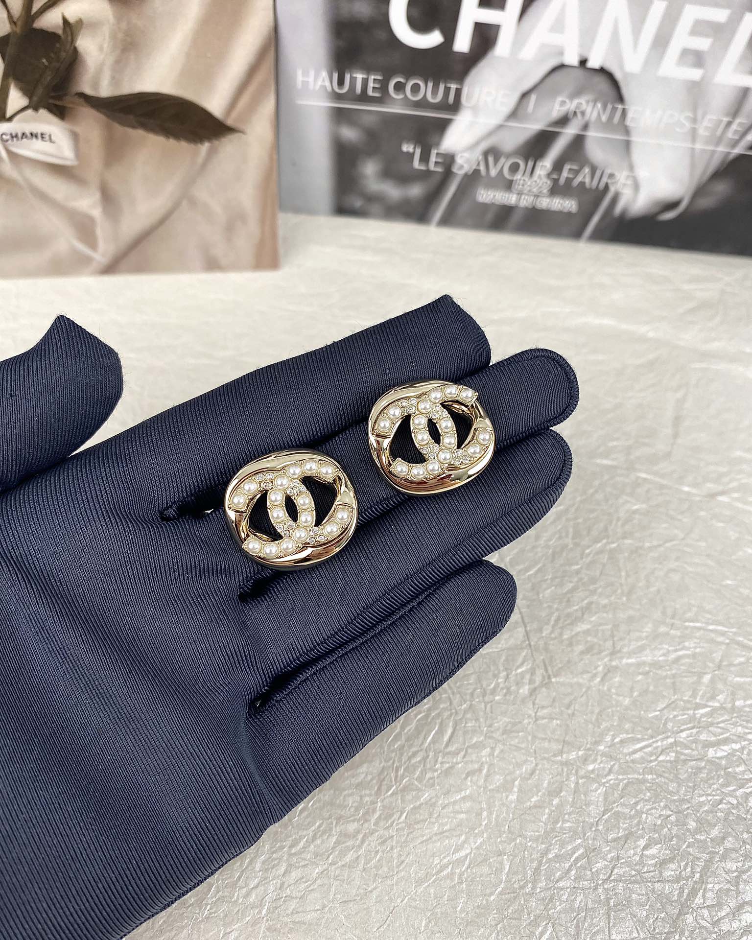 Chanel Diamond and Pearl  CC Pearl Stud Earrings - Original Replica Club