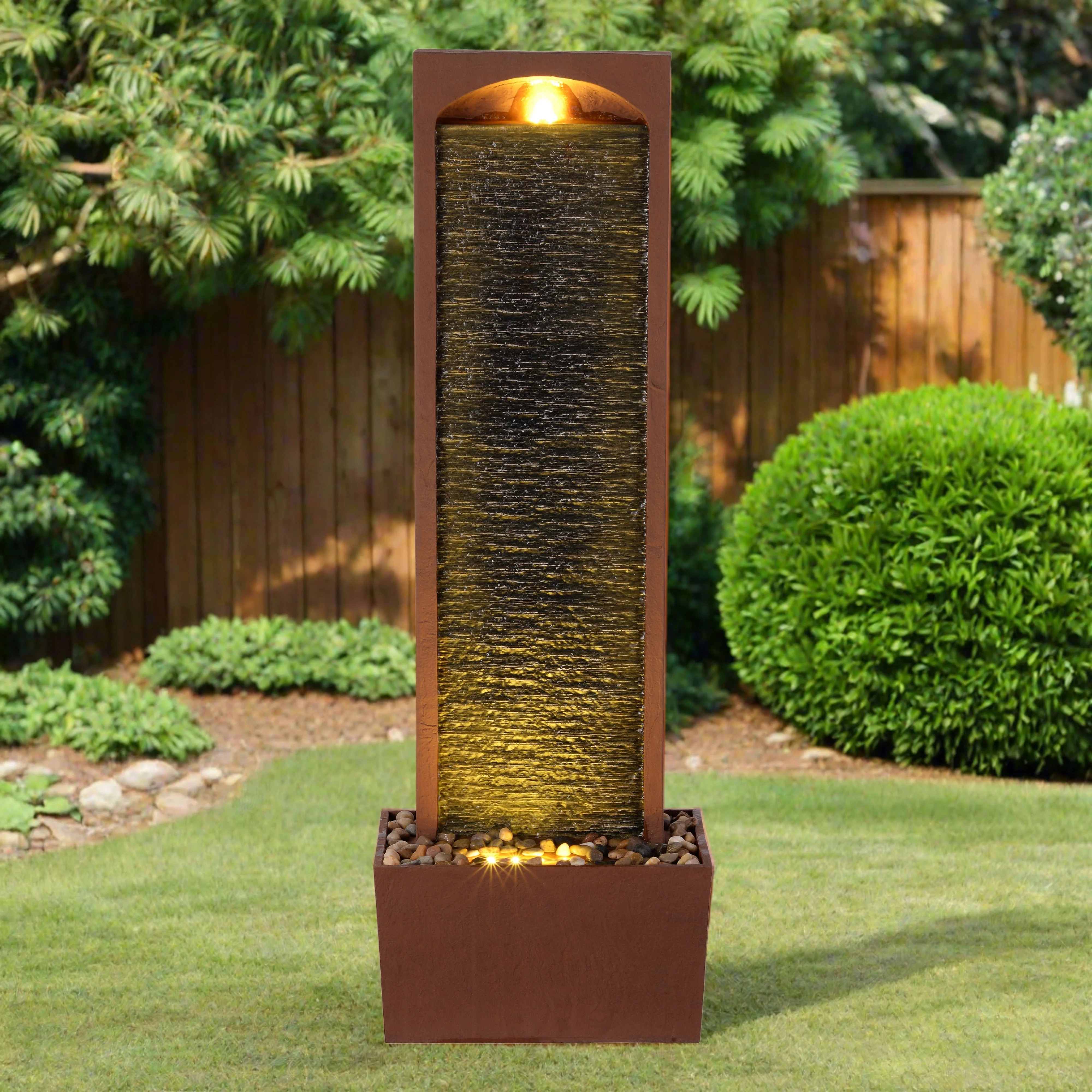 Teamson Home 38.5" Faux Slate Contemporary Outdoor LED Waterfall Fountain with Pebble Base, Red Rock - Image 5