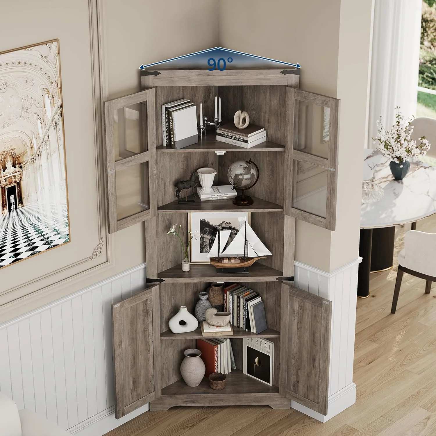 67" Tall Corner Storage Cabinet with Lights, Farmhouse Corner Hutch Display Cabinet with Glass Doors, Wooden Storage Organizer for Kitchen, Living Room, Bathroom, Washed Grey - Image 4