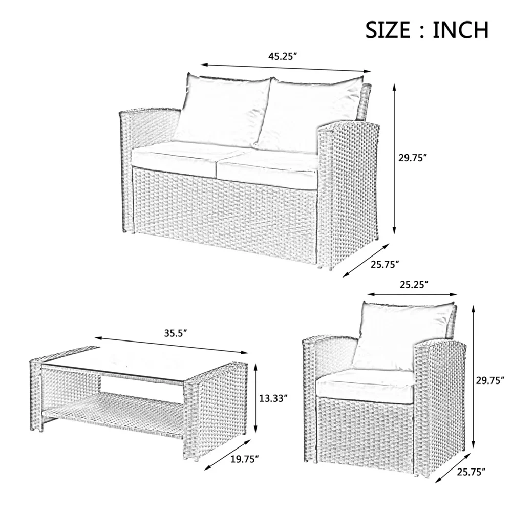 4 Pieces Patio Conversation Set, Outdoor Furniture Set with Cushion, Outside Sectional Rattan Wicker Sofa Furniture Set for Garden, Porch, Backyard, Gray - Image 18