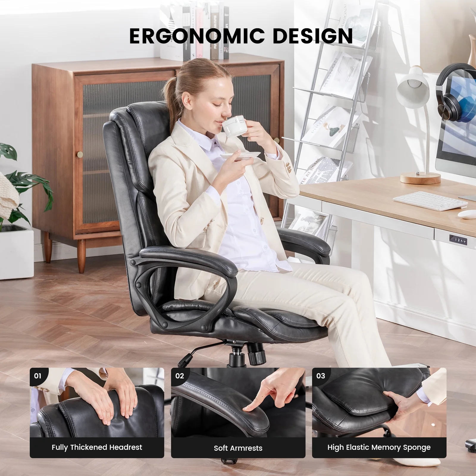 Mainstays Executive Ergonomic High Back Leather Home Office Desk Chair, Black - Image 31