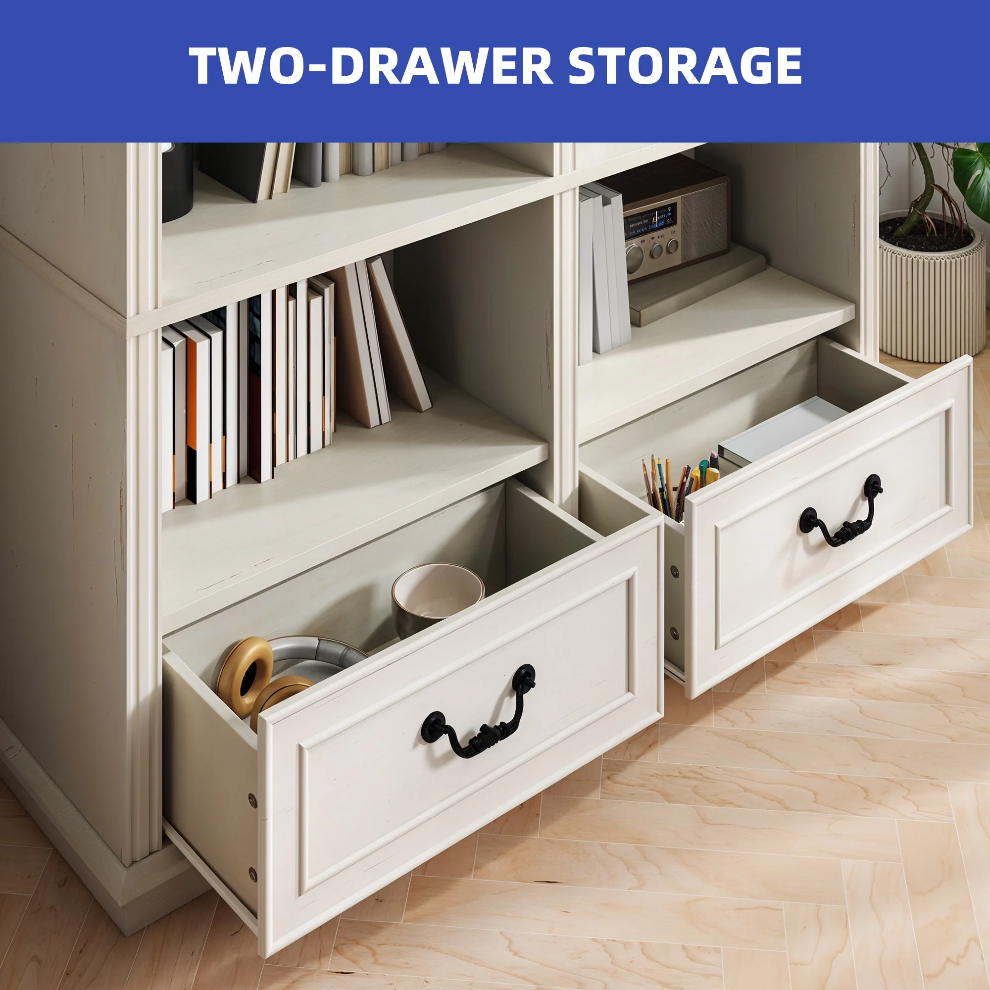 ModFusion 70" Distressed White Bookshelf with Adjustable Shelves and Two Drawers - Image 7