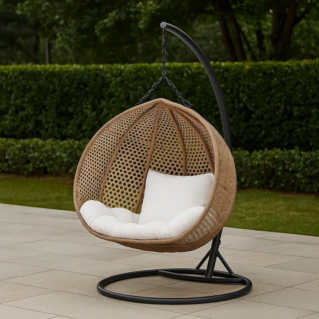 Sillón colgante doble beige de resina y metal para exterior 130×106×195 cm - zwpSPrX2Jtlg