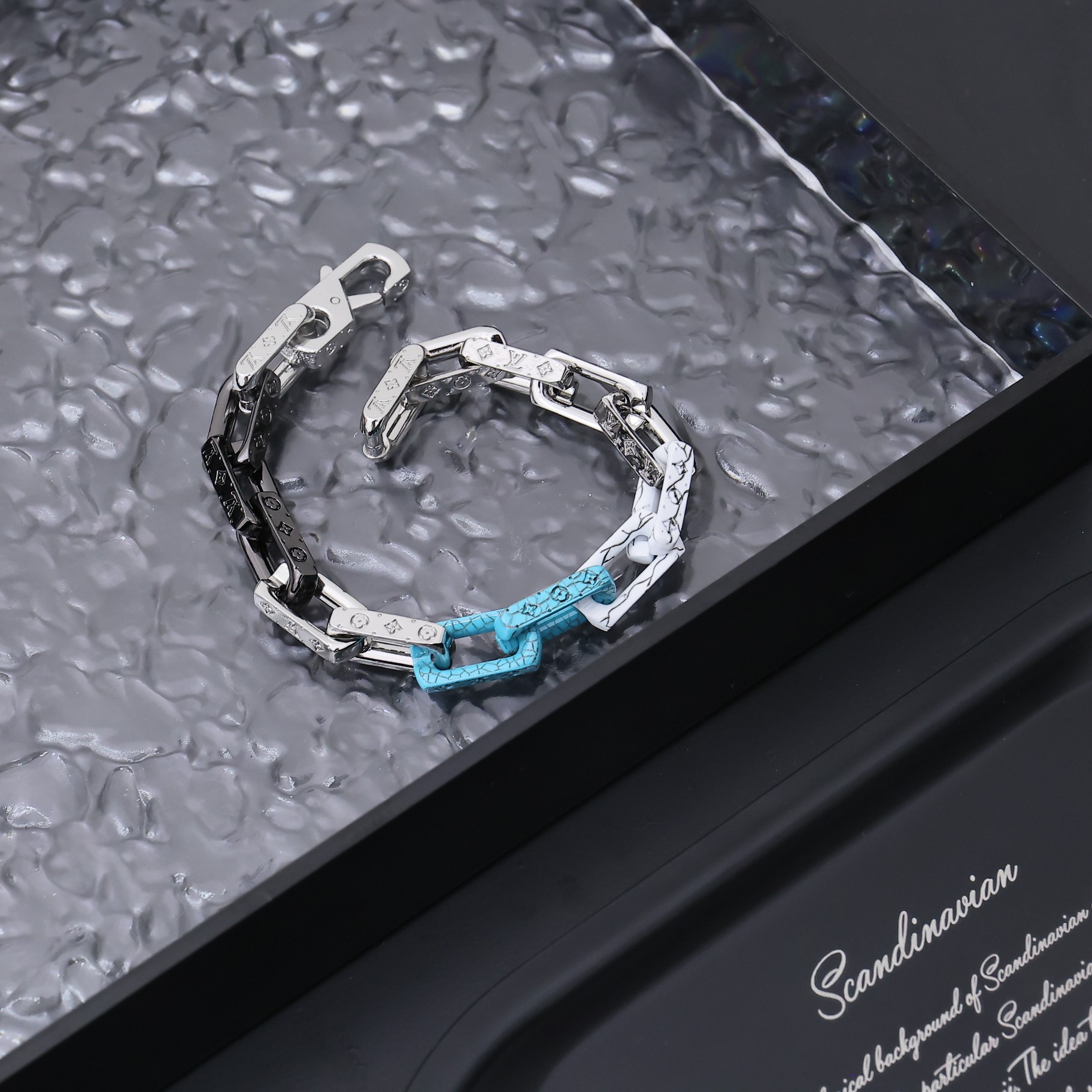 Louis Vuitton Silver Blue Black Colors Monogram Mens Bracelet - Original Replica Club