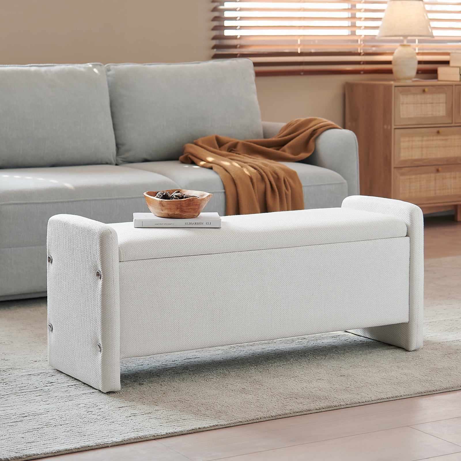Pinmoco 44" Storage Ottoman Bench, Upholstered Entryway Bench with Storage End of Bed Bench for Bedroom& Living Room, Corduroy Gray - Image 21