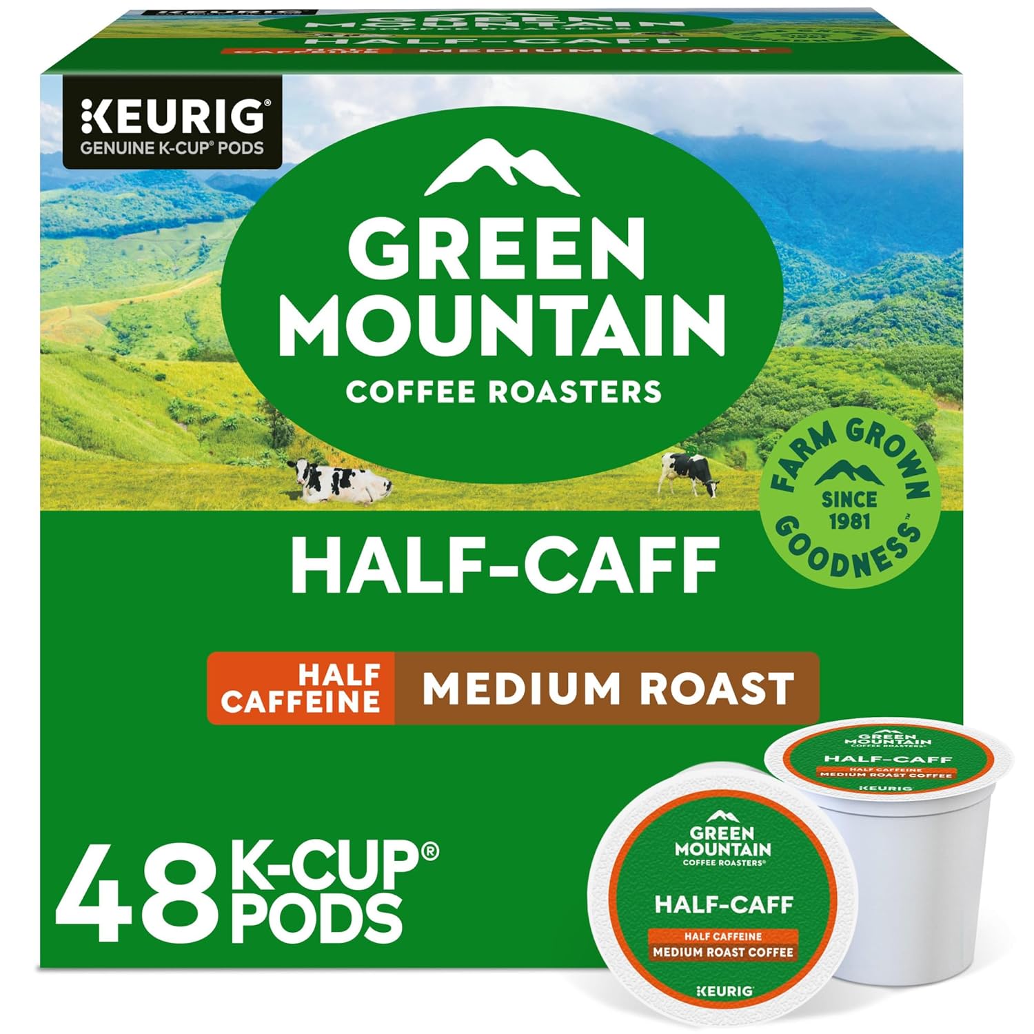 Green Mountain Coffee Roasters Half Caff. Single-Serve Keurig K-Cup Pods. Medium Roast Coffee Pods. 48 Count