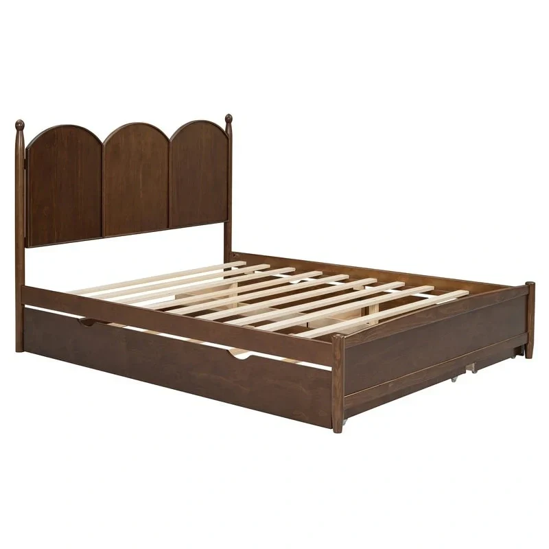 Queen Size Platform Bed with Vintage Headboard - Multifunctional Storage Frame Featuring Twin XL Trundle & 2 Drawers