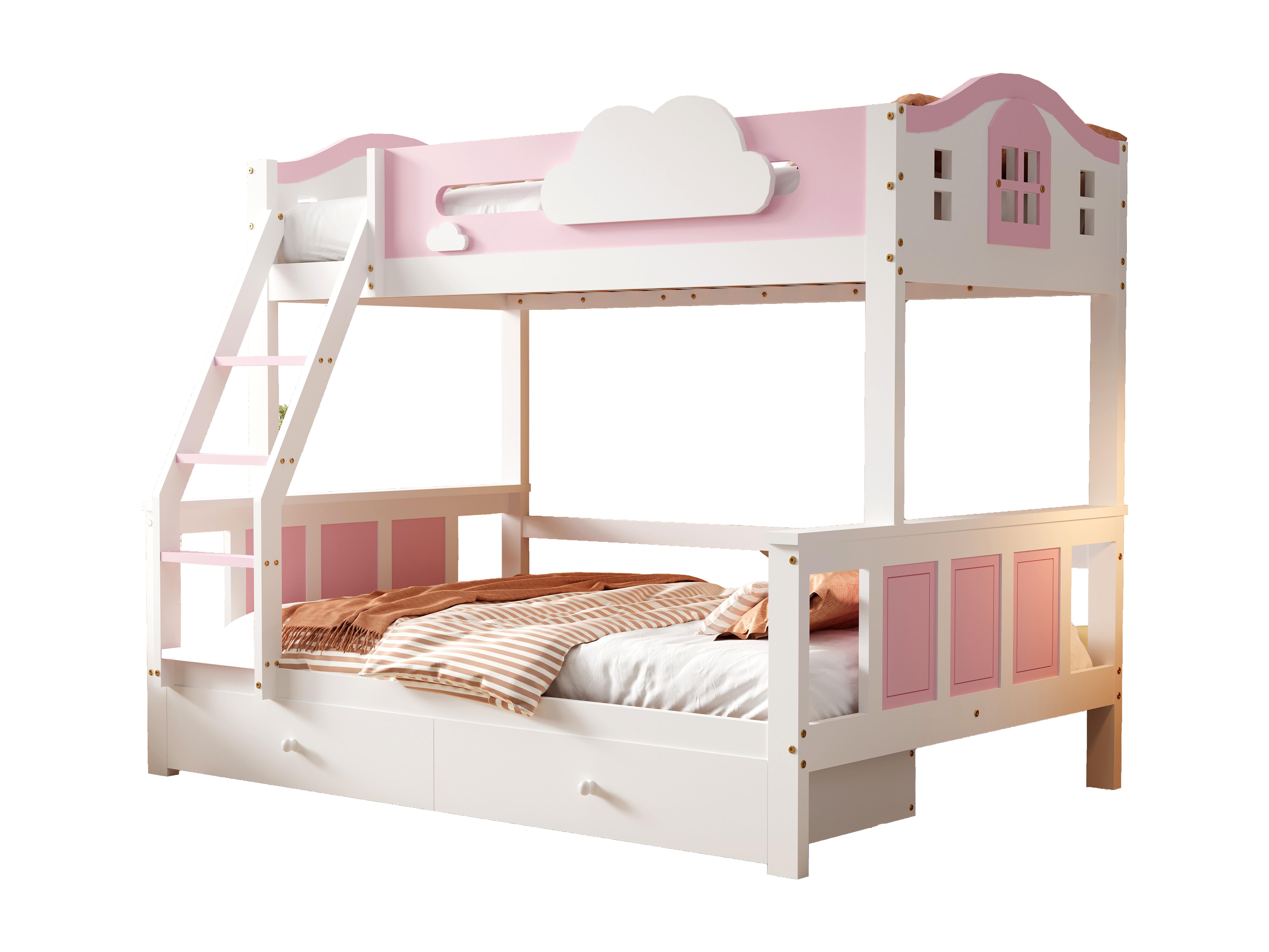 Litera 90x200cm y 120x200cm - con escalera y 2 cajones - en madera de pino y MDF - Blanco y Rosa