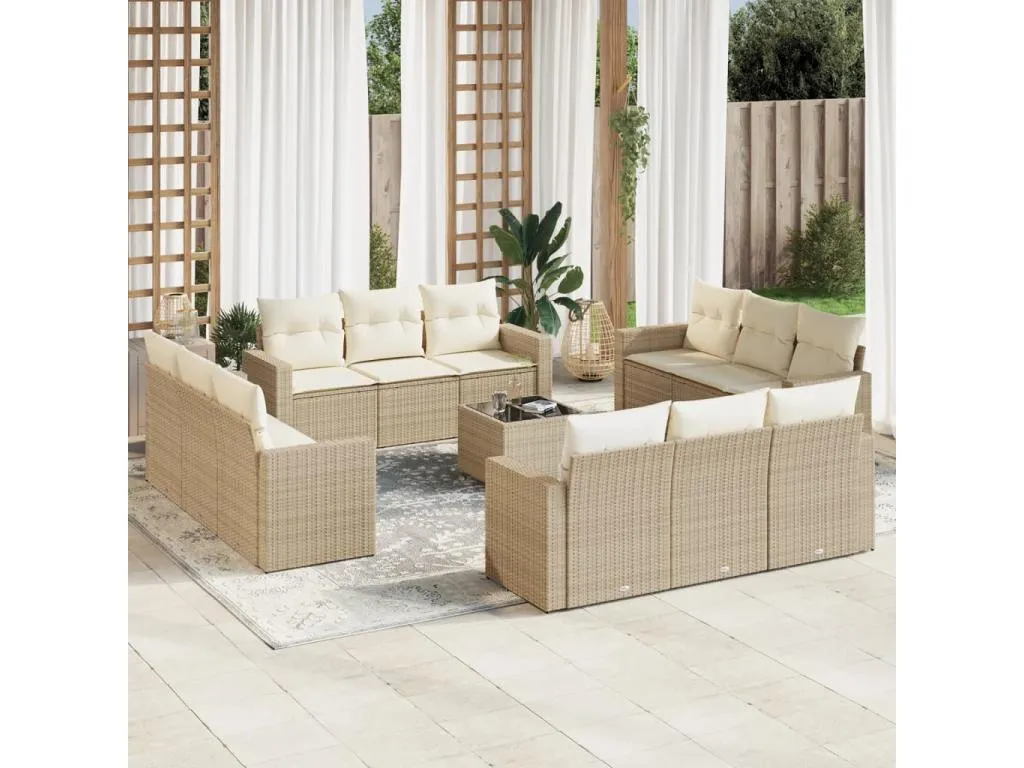 Set sofás de jardín con cojines 13 pzas ratán sintético beige 62665pxuk