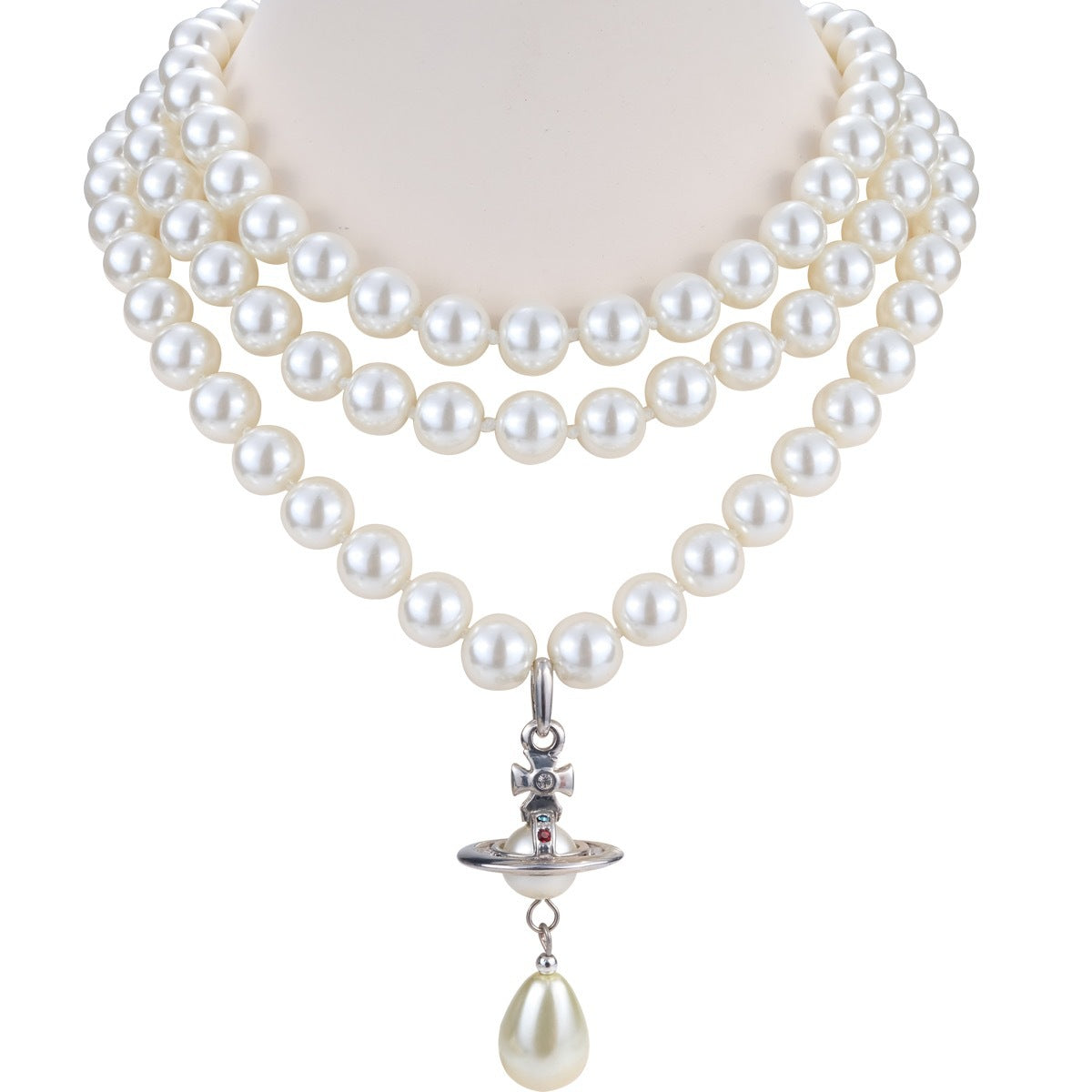 Vivienne Westwood Teardrop Saturn Three Row Pearl Necklace - Original Replica Club